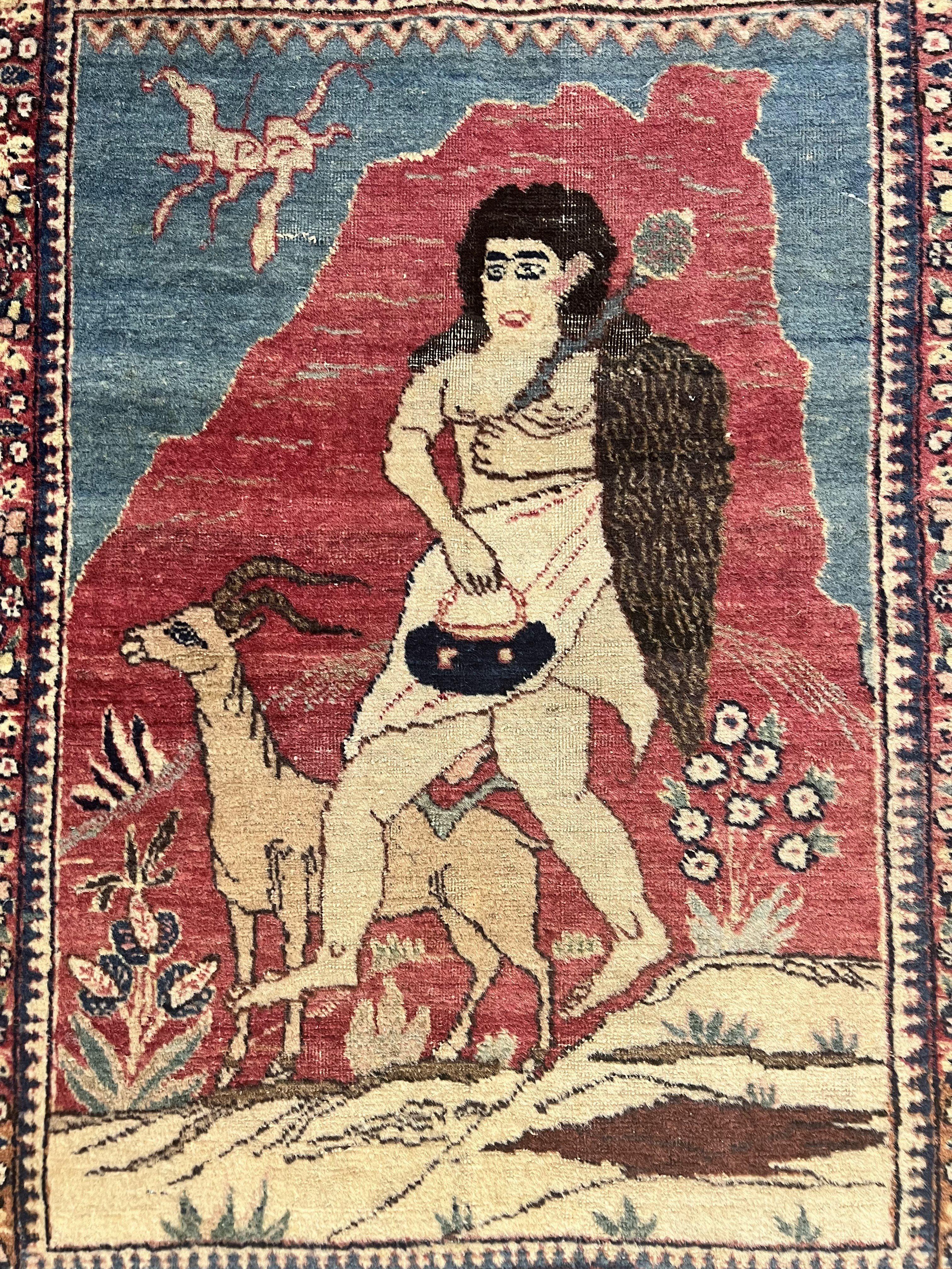 Antique Persian Kirman Rug 2 x 2.5, Small Hand Knotted Wool Carpet, Lavar Rug, Shepherd with Ram Pictorial Rug #1