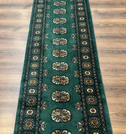 Pakistani Bokhara Runner Rug 2.5 x 11, Green Turkoman Wool Runner for Hallway