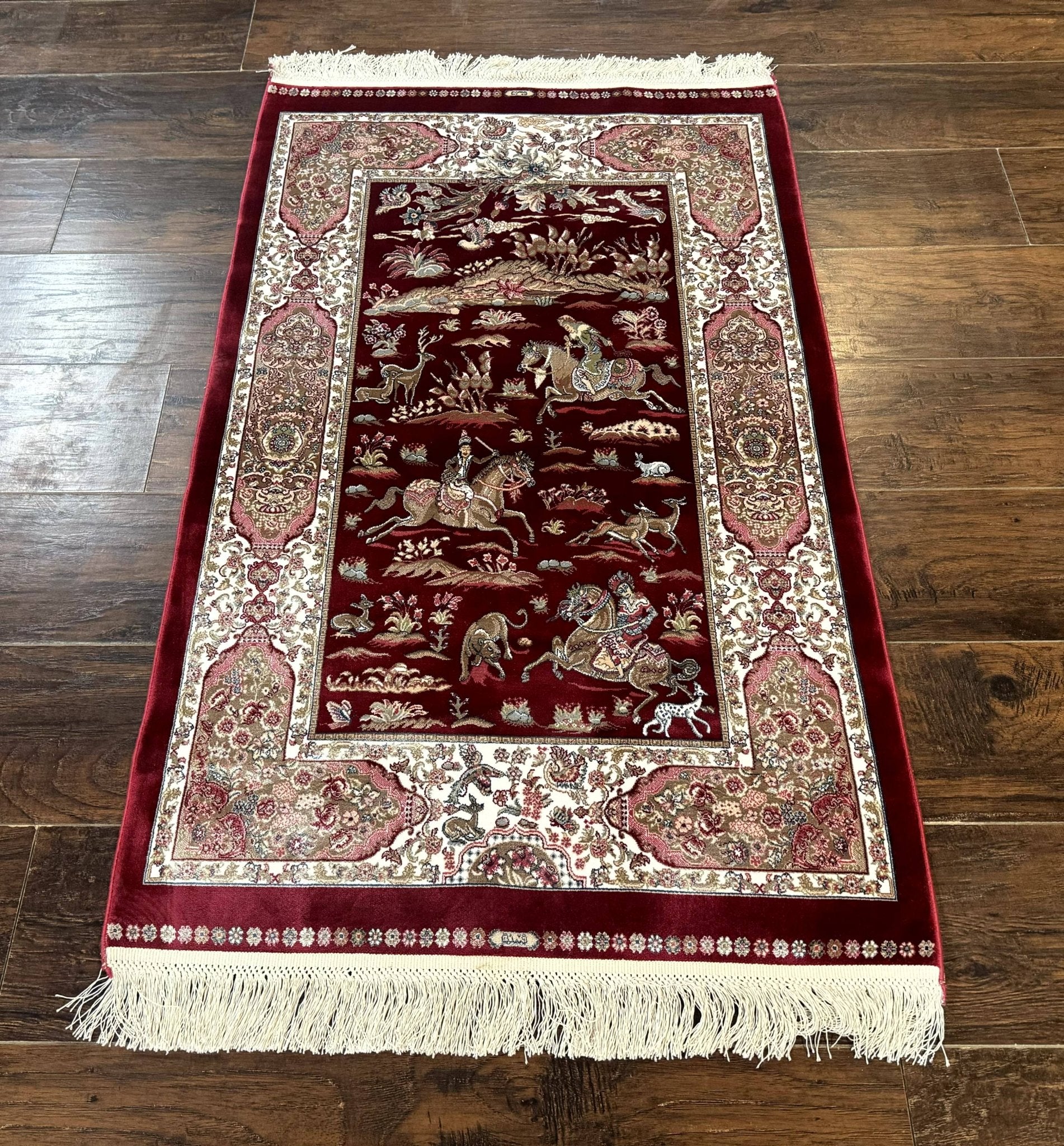 Dark Red Turkish Silk Rug 2.6 x 4, Hunting Design Scene, Bamboo Silk - Jewel RugsShopify CollectiveHUNTEDFOX - Dark Red Turkish Silk Rug 2.6 x 4, Hunting Design Scene, Bamboo Silk