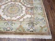 Indo Sultanabad Area Rug 8 x 9.5, Wool Hand-Knotted Ivory Green Teal Decorative Rug, Floral Panel Carpet, Indian Rug, 8 x 10 Bedroom Rug