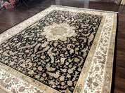 Sino Persian Rug 9x12, Floral Medallion, Black and Ivory, Elegant