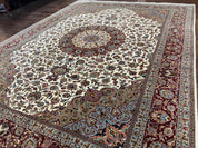 Persian Tabriz Rug 8x11, Floral Medallion Traditional Area Rug, Fine 300 KPSI, Ivory Maroon