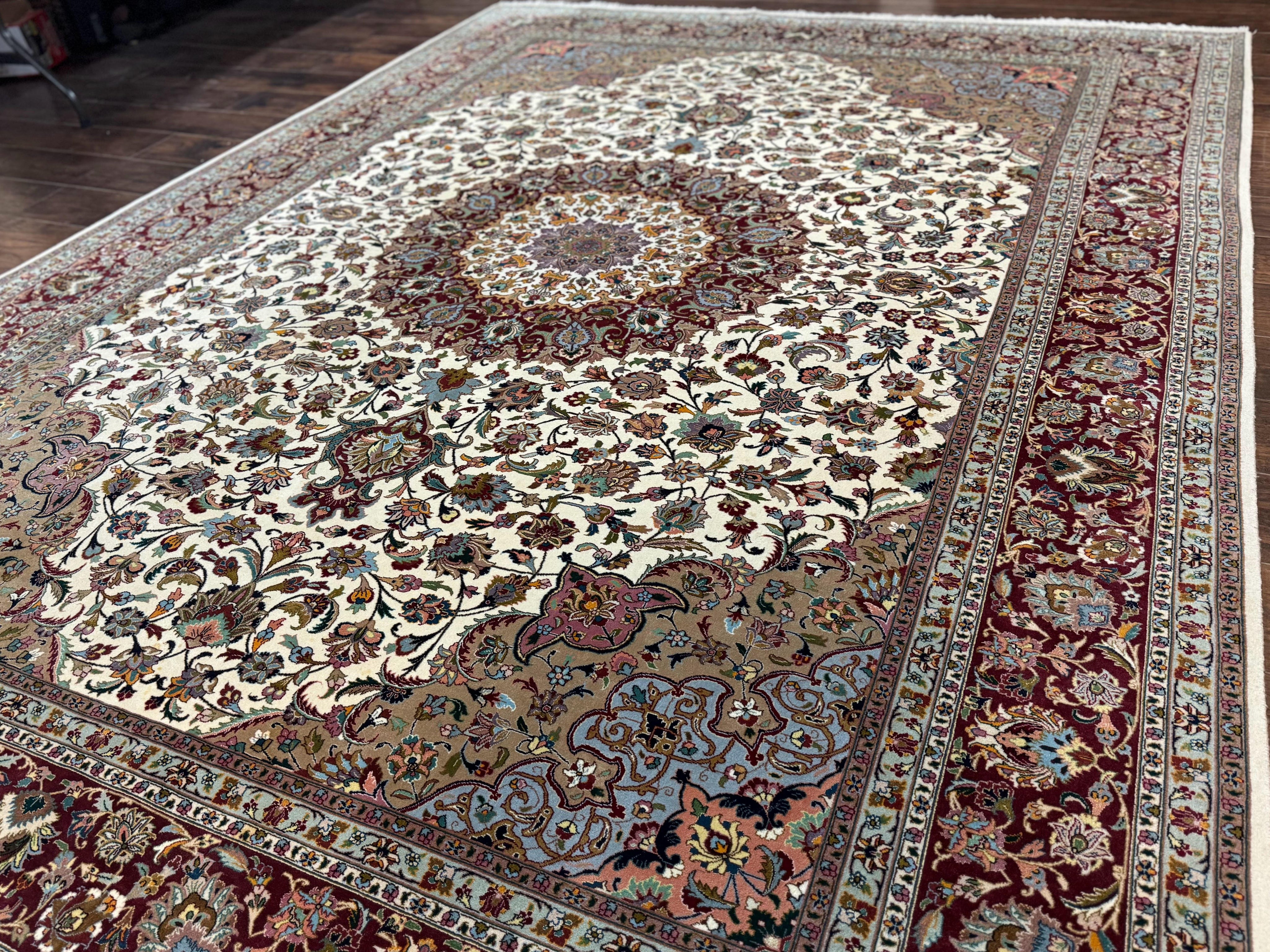 Persian Tabriz Rug 8x11, Floral Medallion Traditional Area Rug, Fine 300 KPSI, Ivory Maroon