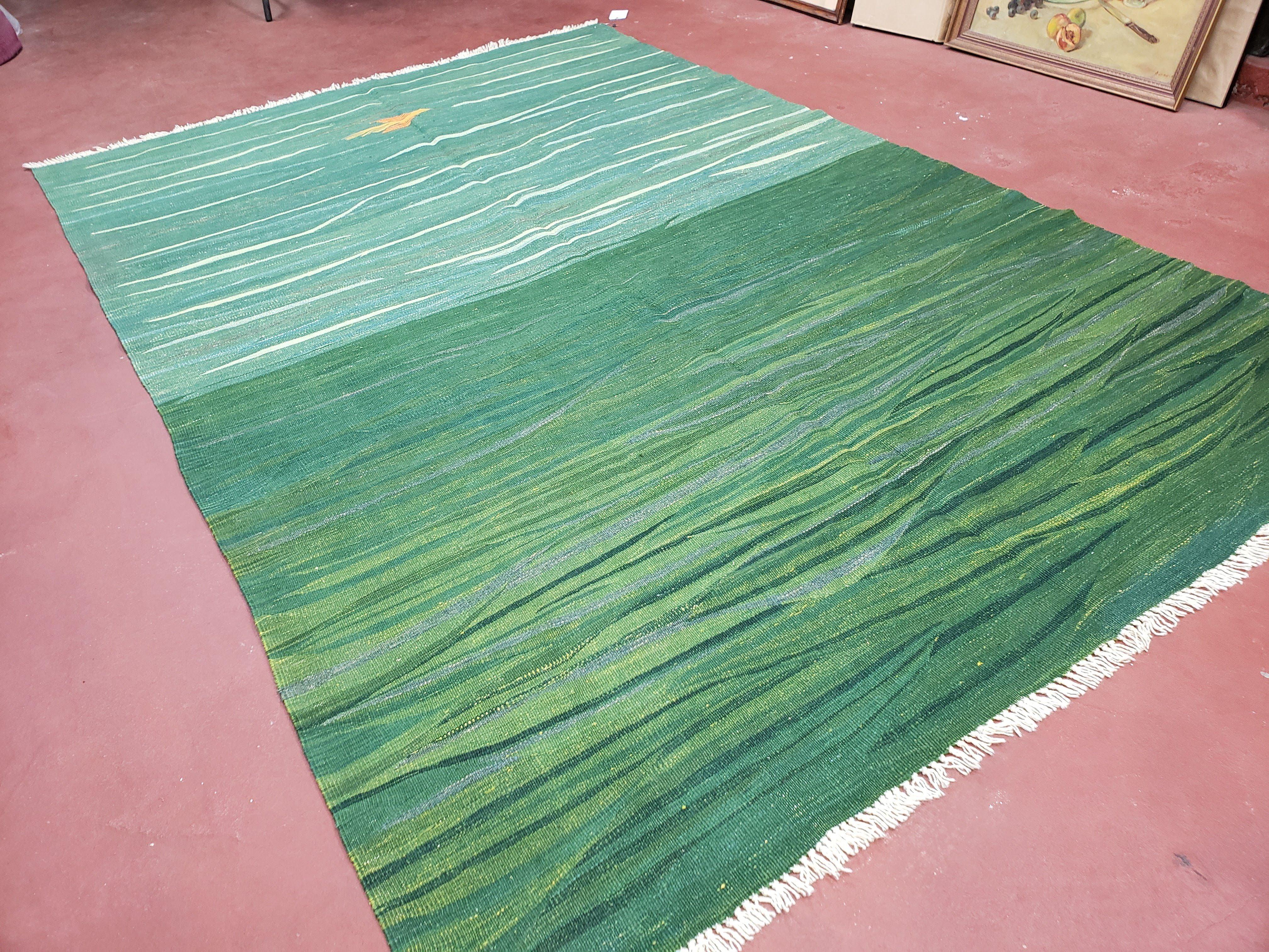 Green Turkish Kilim Rug, 6x9 - 7x10 Rugs, Bird, Handmade New Area Rug, Wool, Bohemian Boho Decor, Hand Woven, Modern Abstract Flat Weave Rug