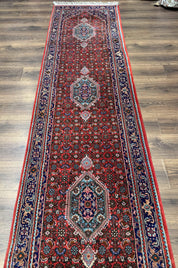 Indo Persian Bidjar Runner Rug 3 x 18.6, Red Navy Blue, Long Runner, Wool Oriental Carpet