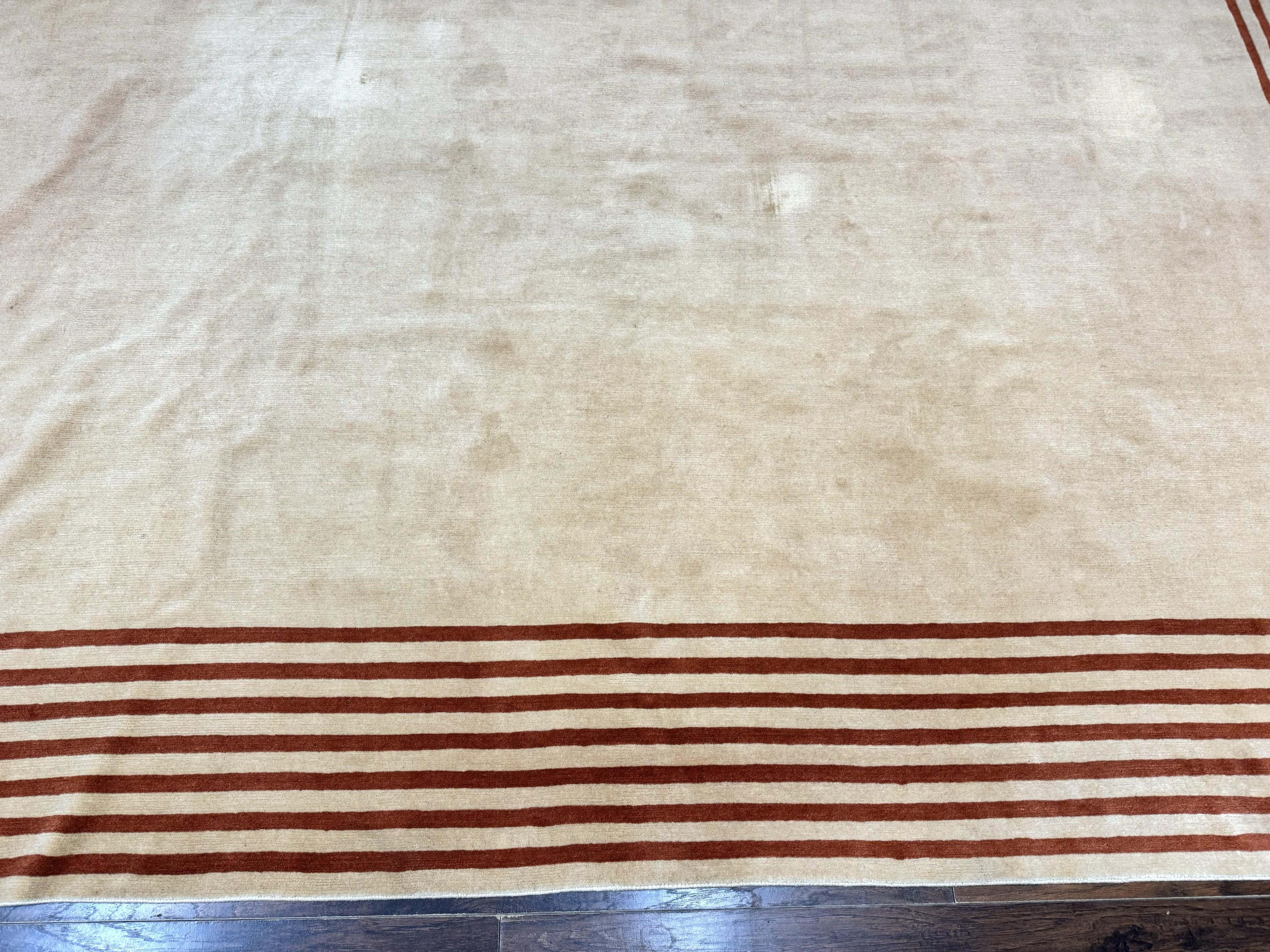 Modern Tibetan Rug 11 x 14.6, Wool and Silk, Simple Design, Handmade Large Area Rug, Cream