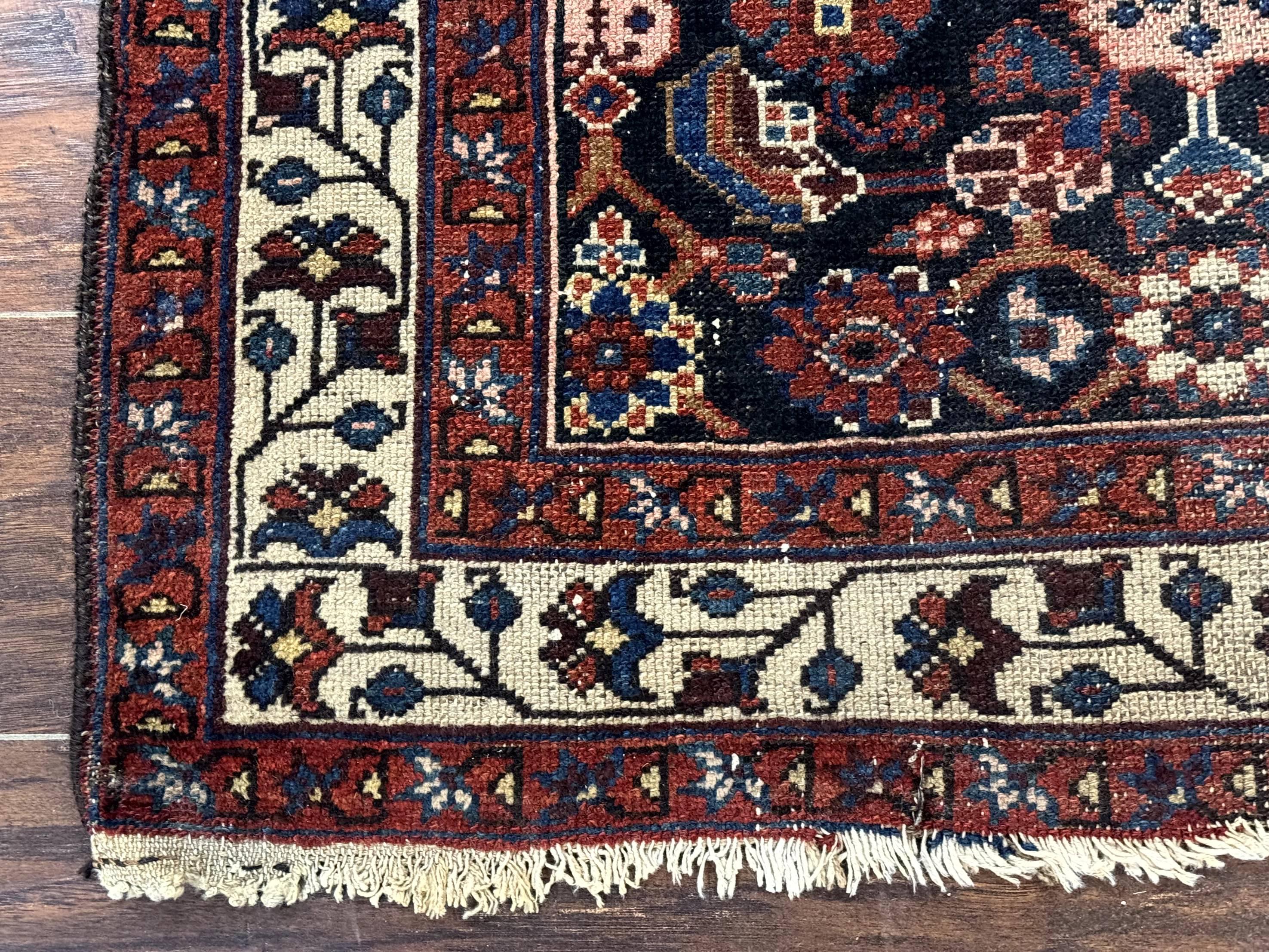Navy Blue Antique Persian Rug 3x6, Blue and Ivory Persian Carpet, Handmade 1920s Hamadan Rug