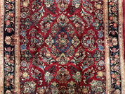 Rare Persian Almost Square Rug 6.3 x 5.3, Hand Knotted Wool Antique 1920s Sarouk Oriental Carpet, Red Navy Blue Beige, Floral Allover, 5x6 Area Rug