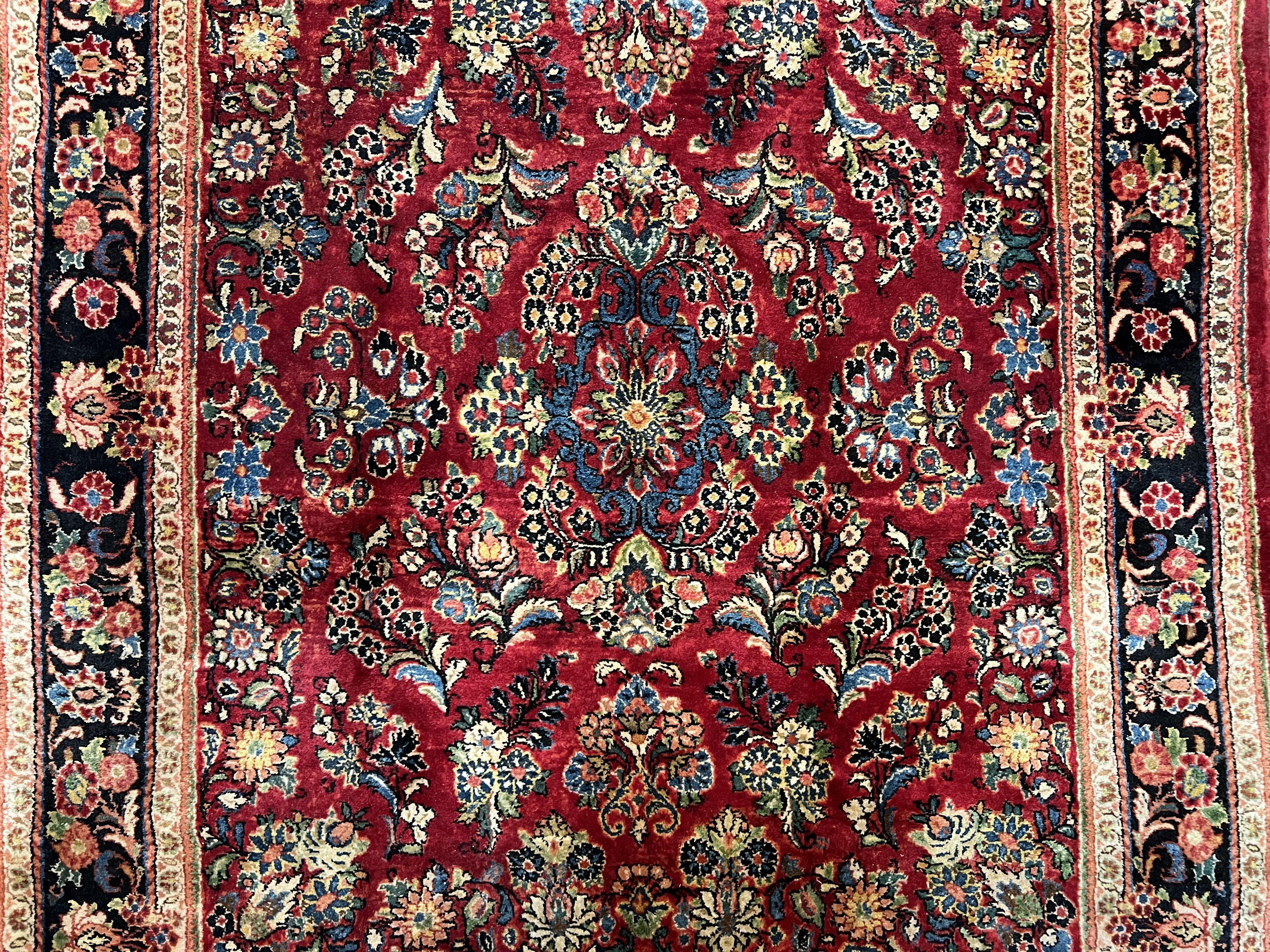 Rare Persian Almost Square Rug 6.3 x 5.3, Hand Knotted Wool Antique 1920s Sarouk Oriental Carpet, Red Navy Blue Beige, Floral Allover, 5x6 Area Rug