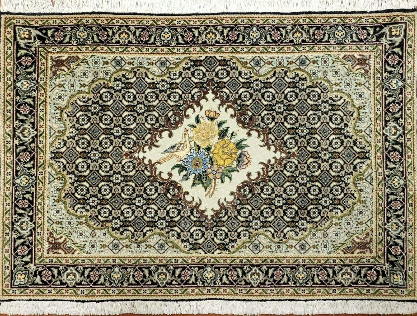 Small Persian Rug 2.4 x 3, Birds and Flowers, Finely Hand Knotted