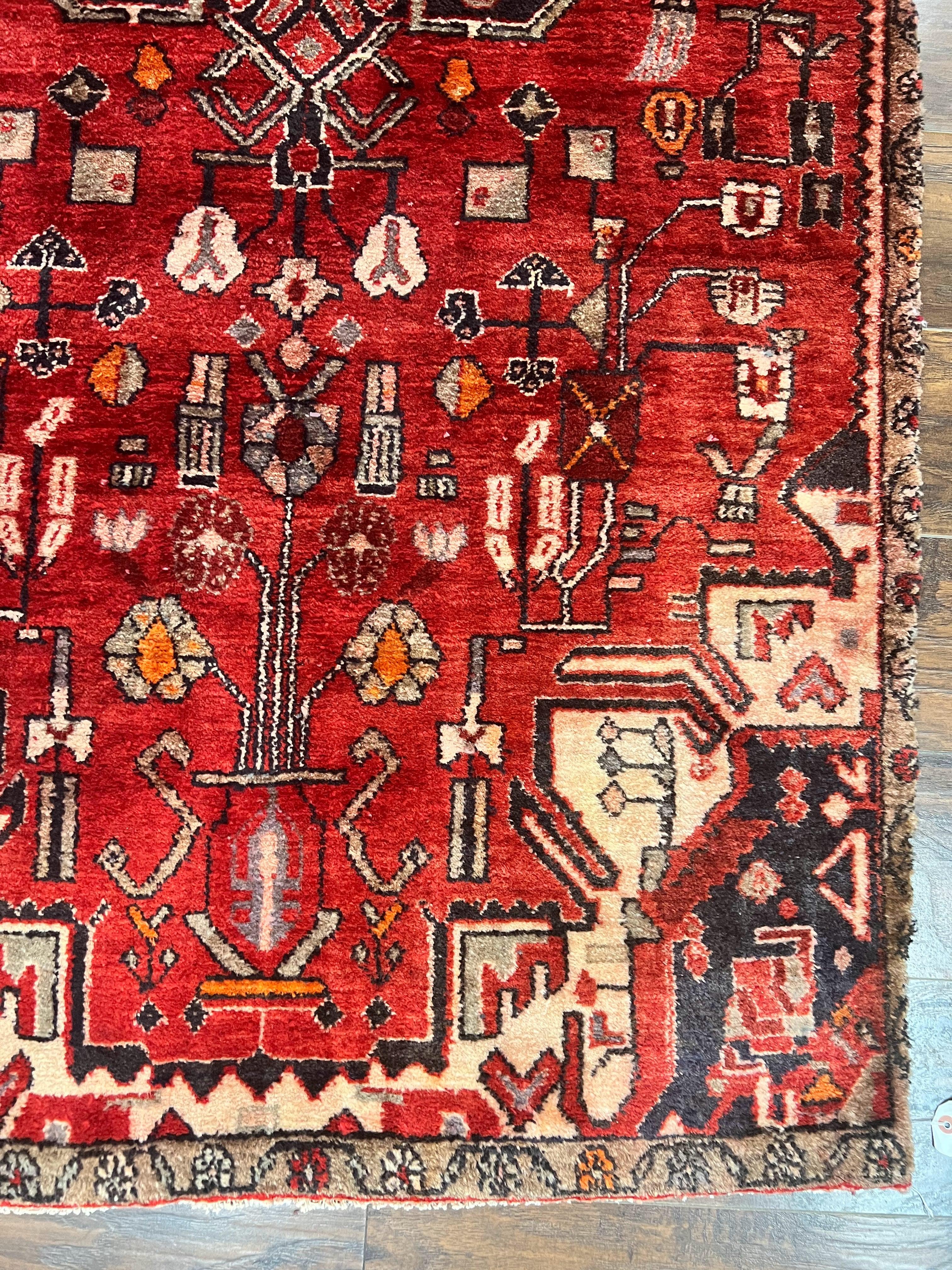 Antique Persian Tribal Rug 4 x 8, Geometric Medallion, Boho Rug, Wool Handmade Rug, Red 4x8 Rug, Persian Hamadan Rug
