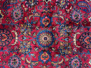 Palace Size Persian Mashad Rug 12x16, Raspberry and Navy Blue, Signature from Master Weaver, Antique Handmade Large Wool Carpet