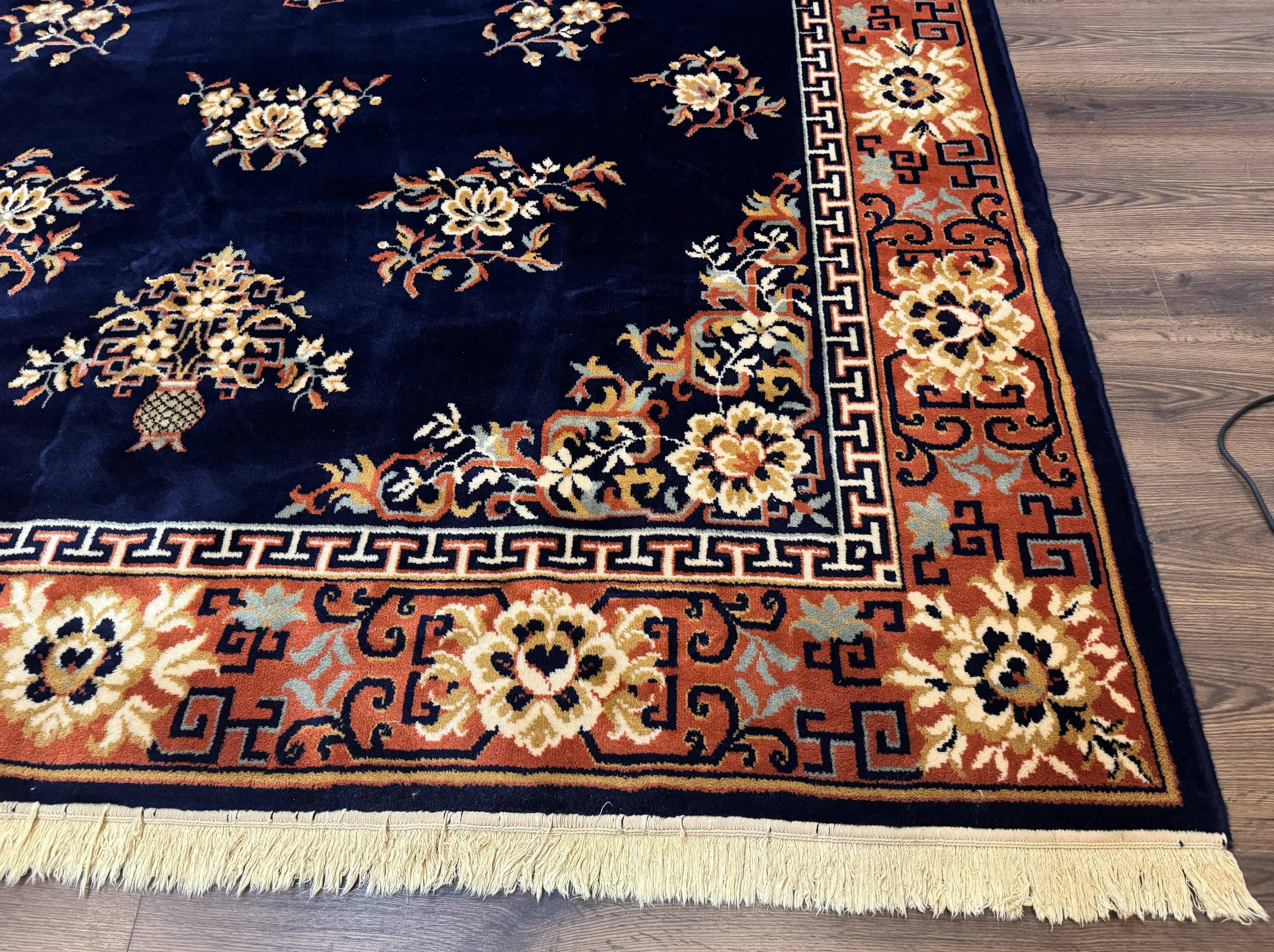 Chinese Wool Rug 8x11, Navy Blue and Terracotta, Floral, Couristan Belgium Power Loomed Carpet