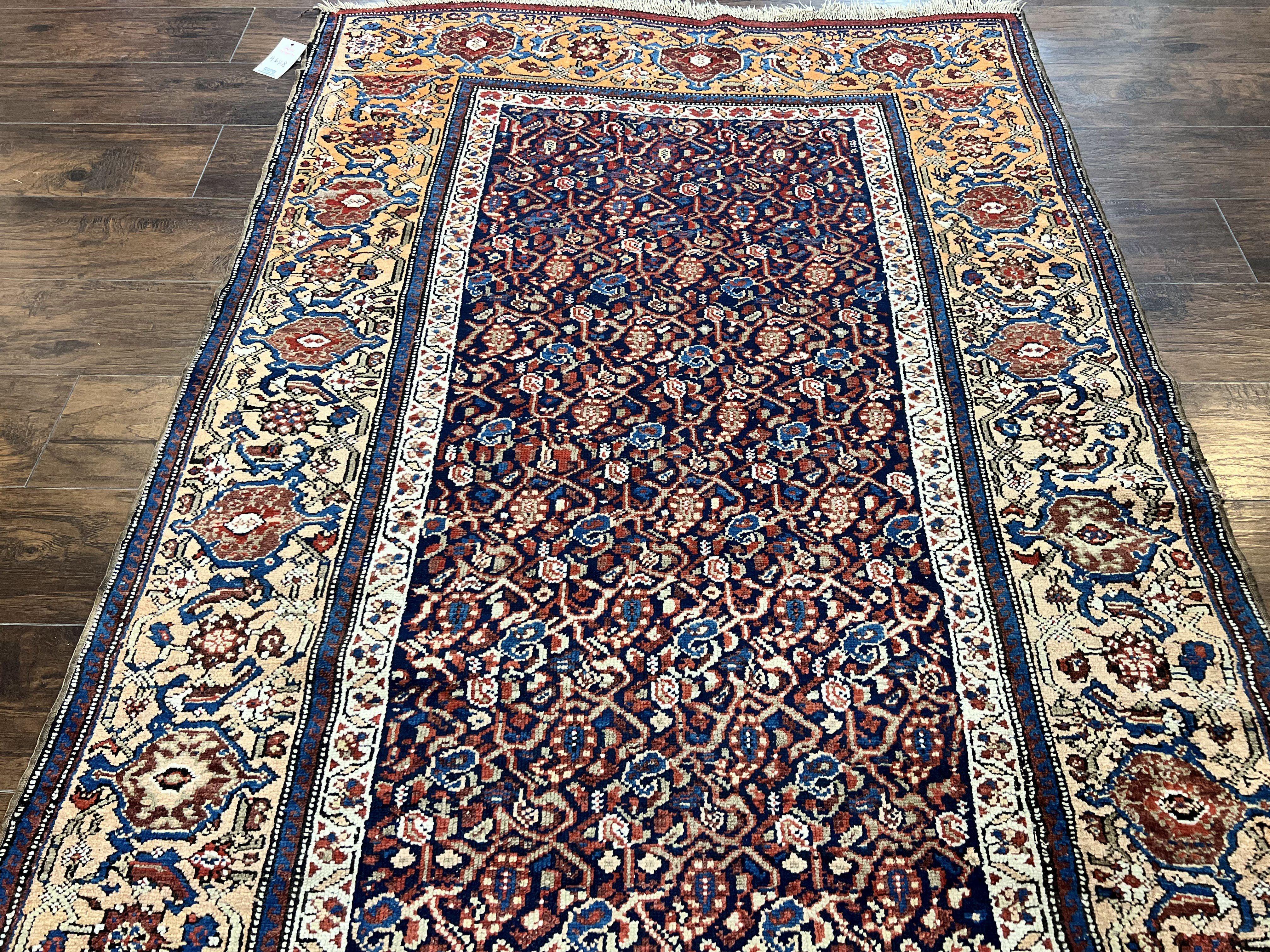 Persian Senneh Rug 4x8, Wool Hand Knotted Antique Kurdish Carpet, Navy Blue Oriental Area Rug, 4 x 8 Rug