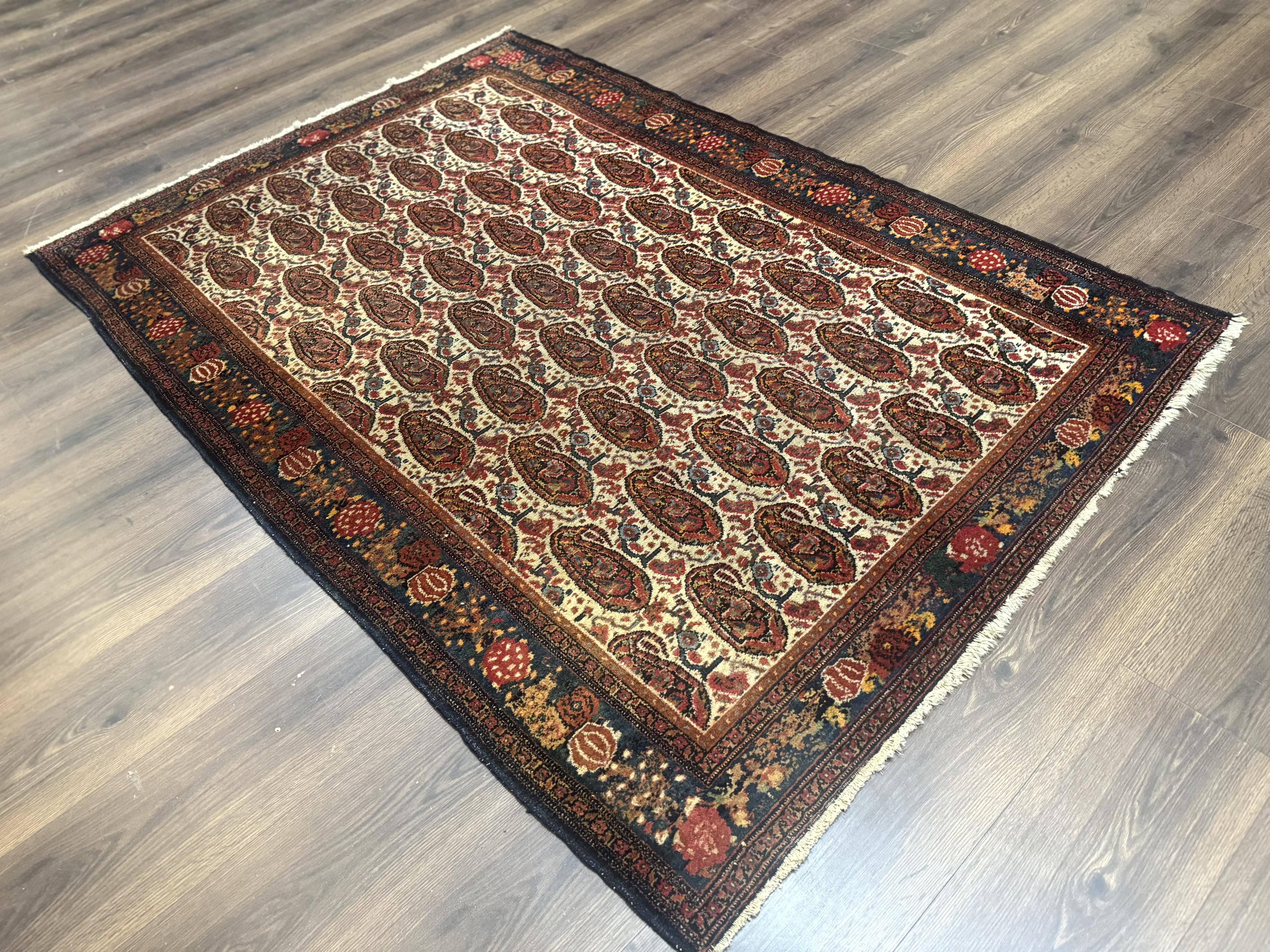 Antique Persian Kurdish Senneh Rug 4.6 x 6.5, Repeated Paisely Boteh Design, Handmade