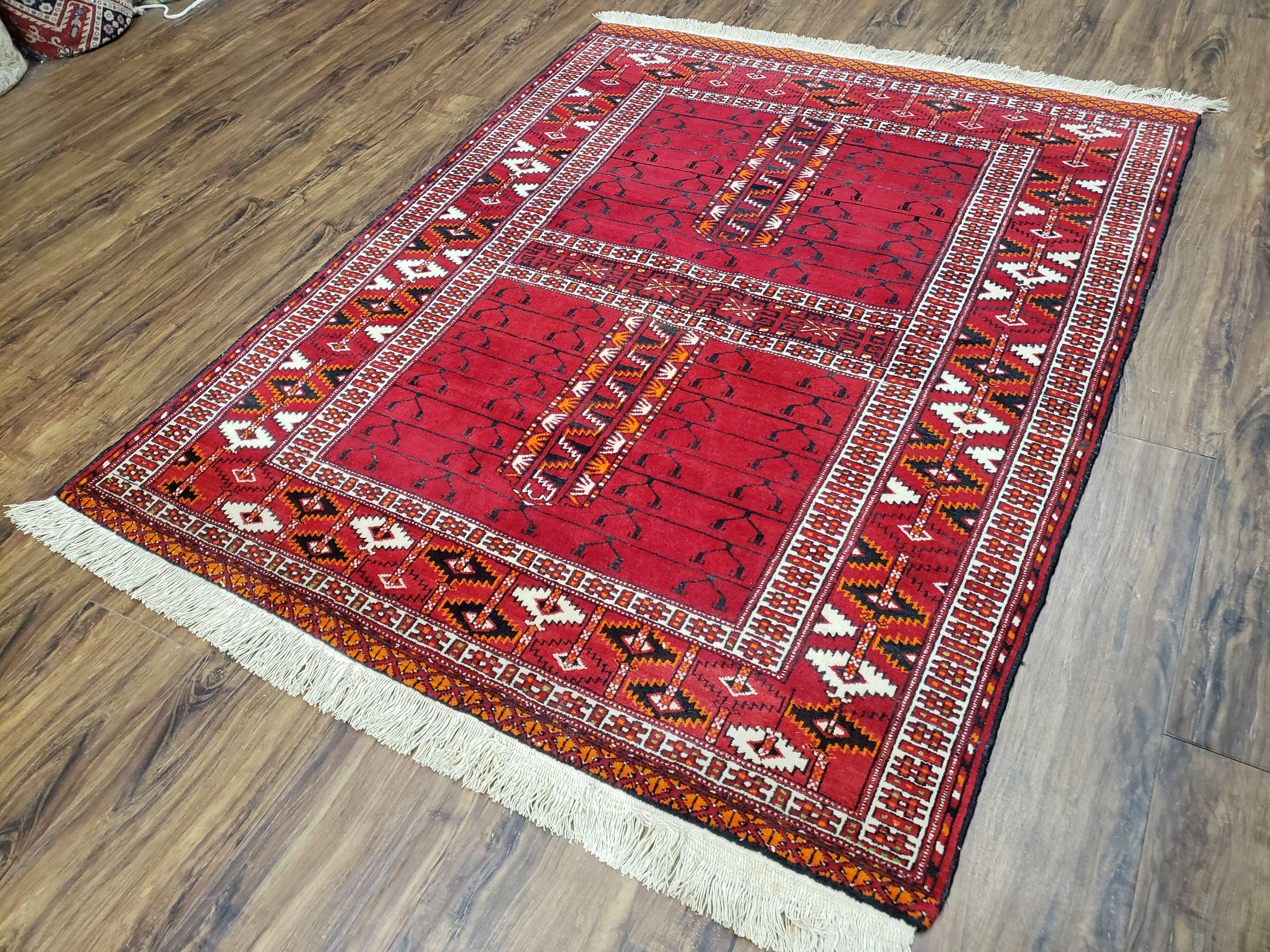 Antique Persian Turkoman Rug 4x5, Hatchli Tekkeh Ersari Red Tribal Rug, Handmade Wool Oriental Carpet, Four Seasons Rug