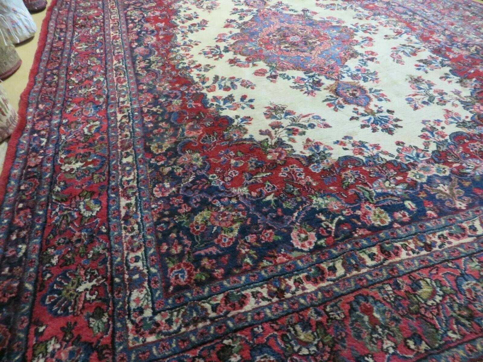 9x12 Persian Sarouk Rug - Semi Open Field Medallion Rug - Ivory Red Blue Hand Knotted Wool Oriental Carpet 9 x 12 Antique Rug - Vegetable Dyes