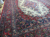 9x12 Persian Sarouk Rug - Semi Open Field Medallion Rug - Ivory Red Blue Hand Knotted Wool Oriental Carpet 9 x 12 Antique Rug - Vegetable Dyes