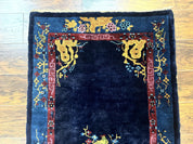 Antique Chinese Peking Rug 3x6, Dark Blue, Bird Motif, Handmade Wool Art Deco Asian Oriental Carpet, Pair A