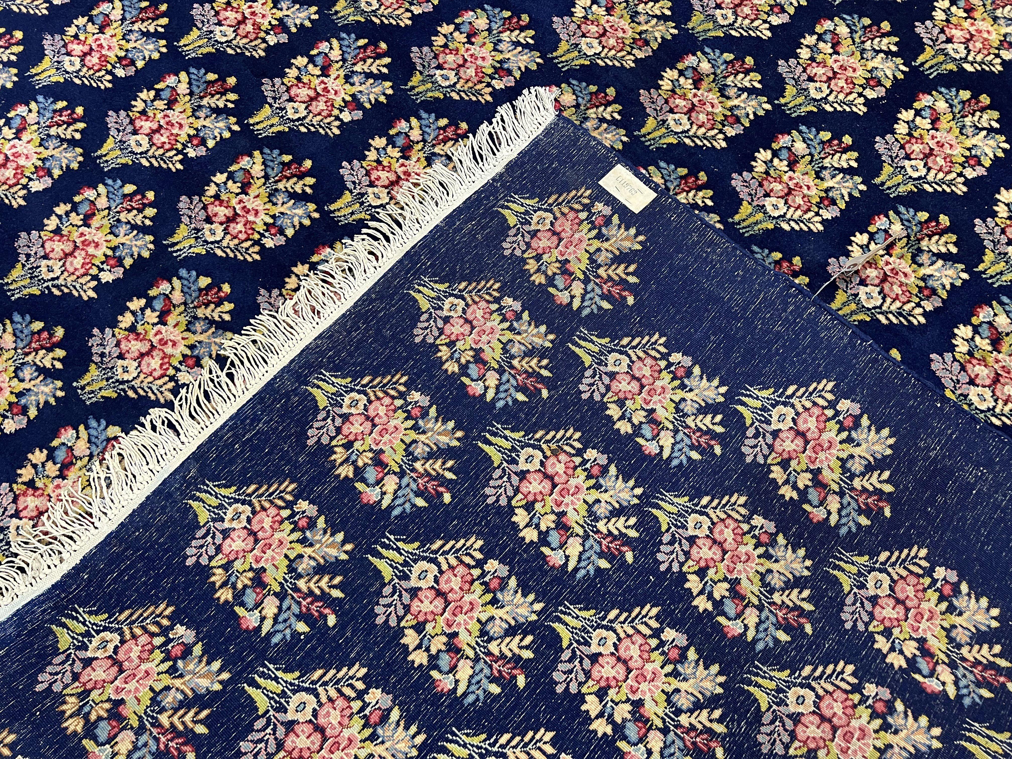 Persian Rug 9x12, Authentic Hand Knotted Carpet, Repeated Floral Motif Garden of Eden, Navy Blue Wool Rug 9 x 12, Semi Antique Kirman Rug