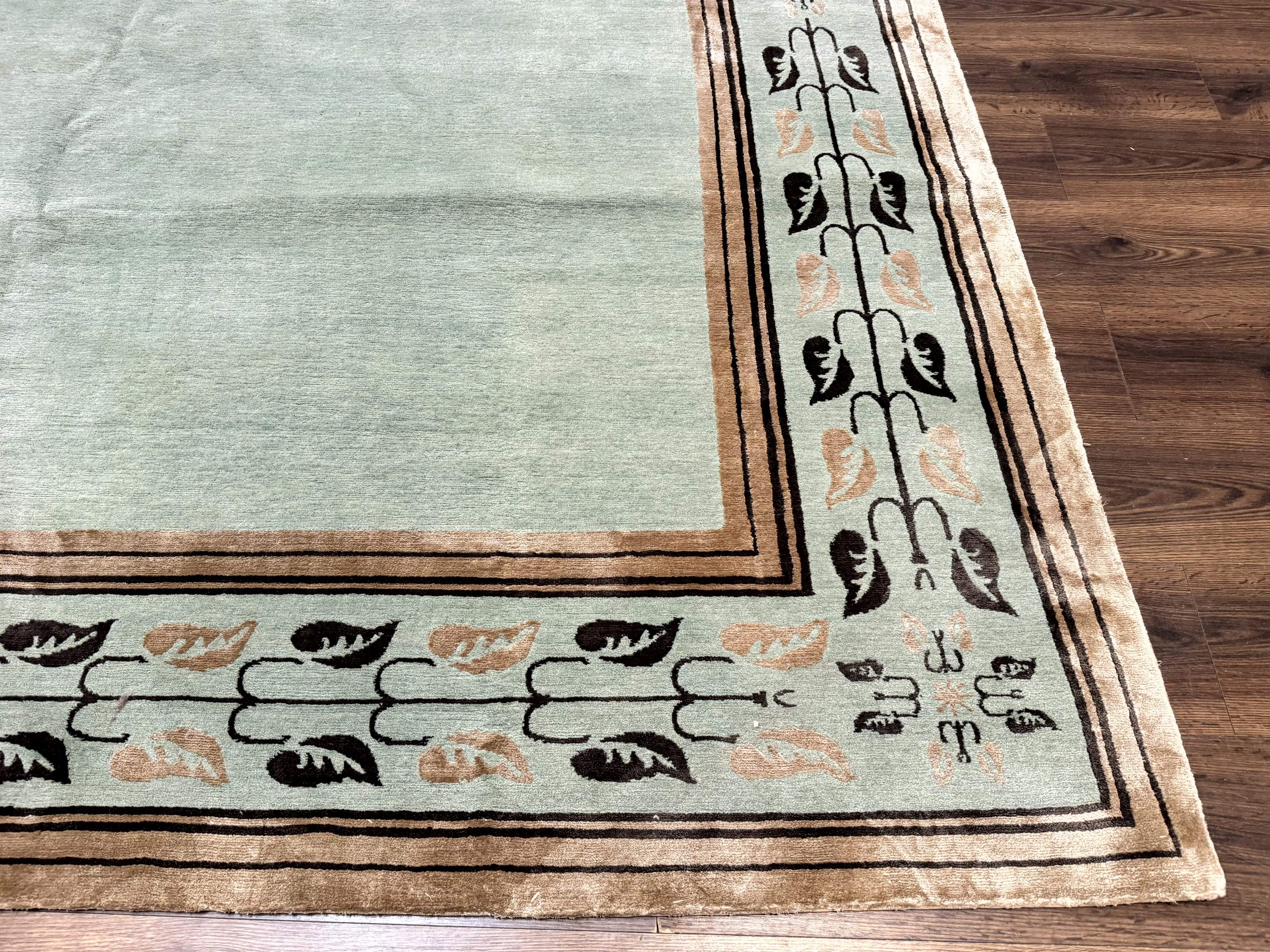 Palace Size Nepali Rug 9x18, Open Field, Light Mint Green, Wool Hand Knotted, Modern Contemporary