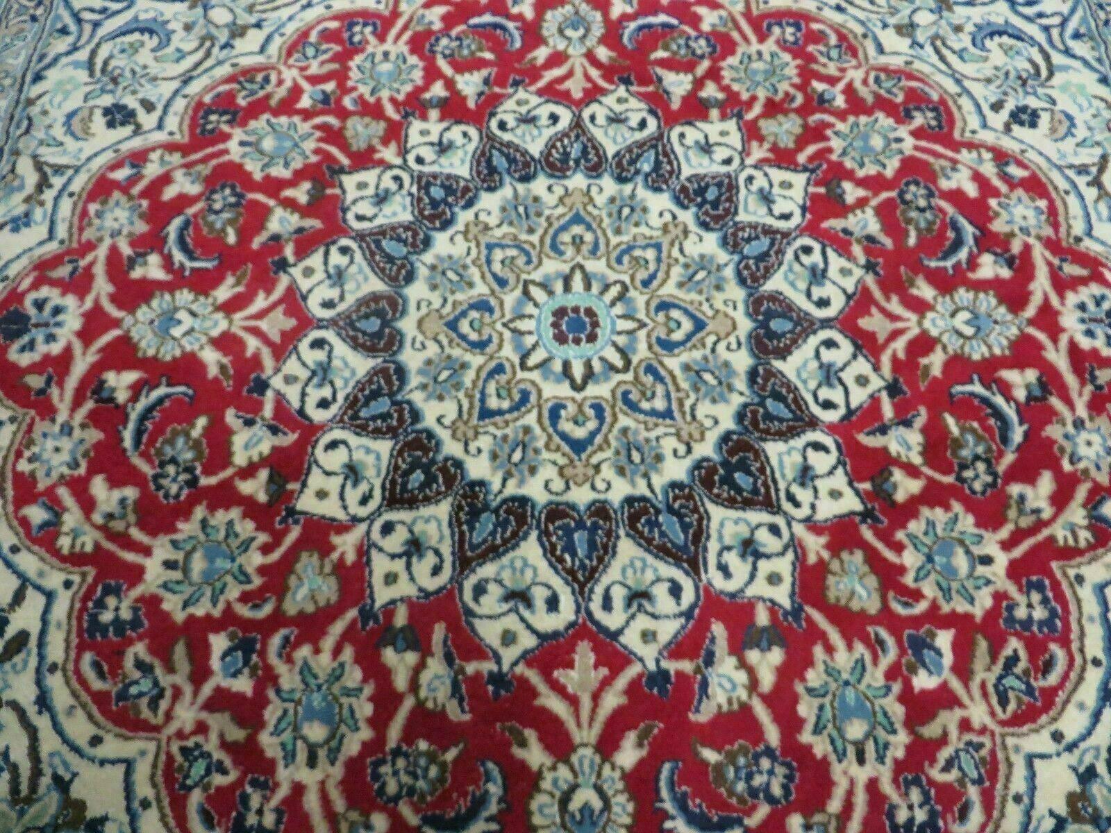 Square Persian Nain Rug 6'3" x 6' 8", Hand-Knotted, Wool with Silk Accents, Ivory Red Blue