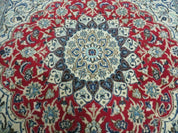Square Persian Nain Rug 6'3" x 6' 8", Hand-Knotted, Wool with Silk Accents, Ivory Red Blue