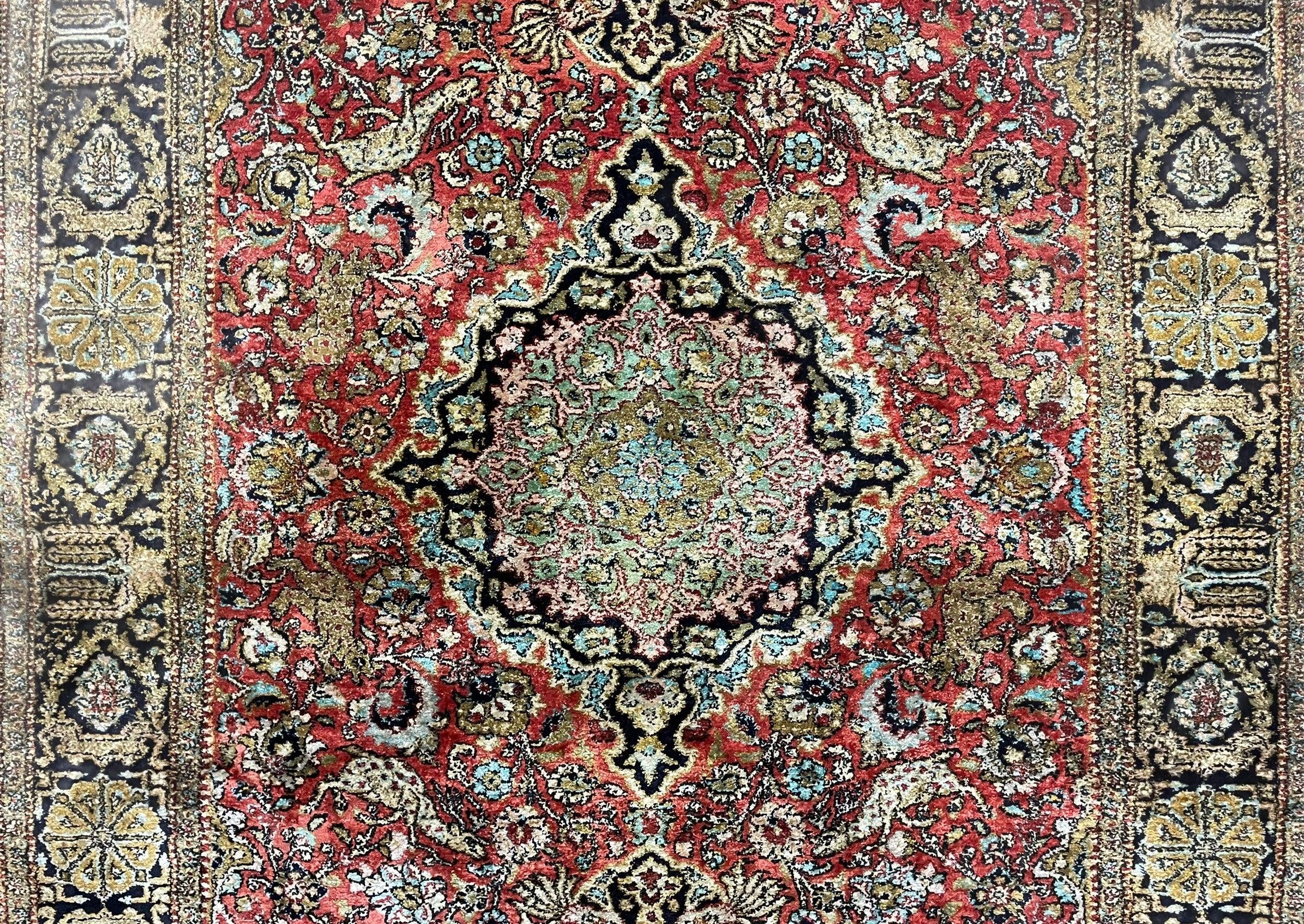 Persian Qum Silk Rug 3.8 x 5.6, Silk on Silk, Animal Pictorials, Fine 330 KPSI