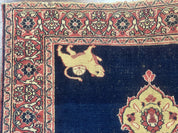 Antique Persian Mashad Rug 4x6, Semi Open Field, Navy Blue, Lion Pictorials, Triple Medallion, Dorokhsh Rug