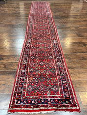 Long Persian Runner Rug 2.9 x 17, Red Handmade Wool Rug for Hallway, Antique Persian Carpet, 17ft Runner, Persian Hamadan Dargazine Rug