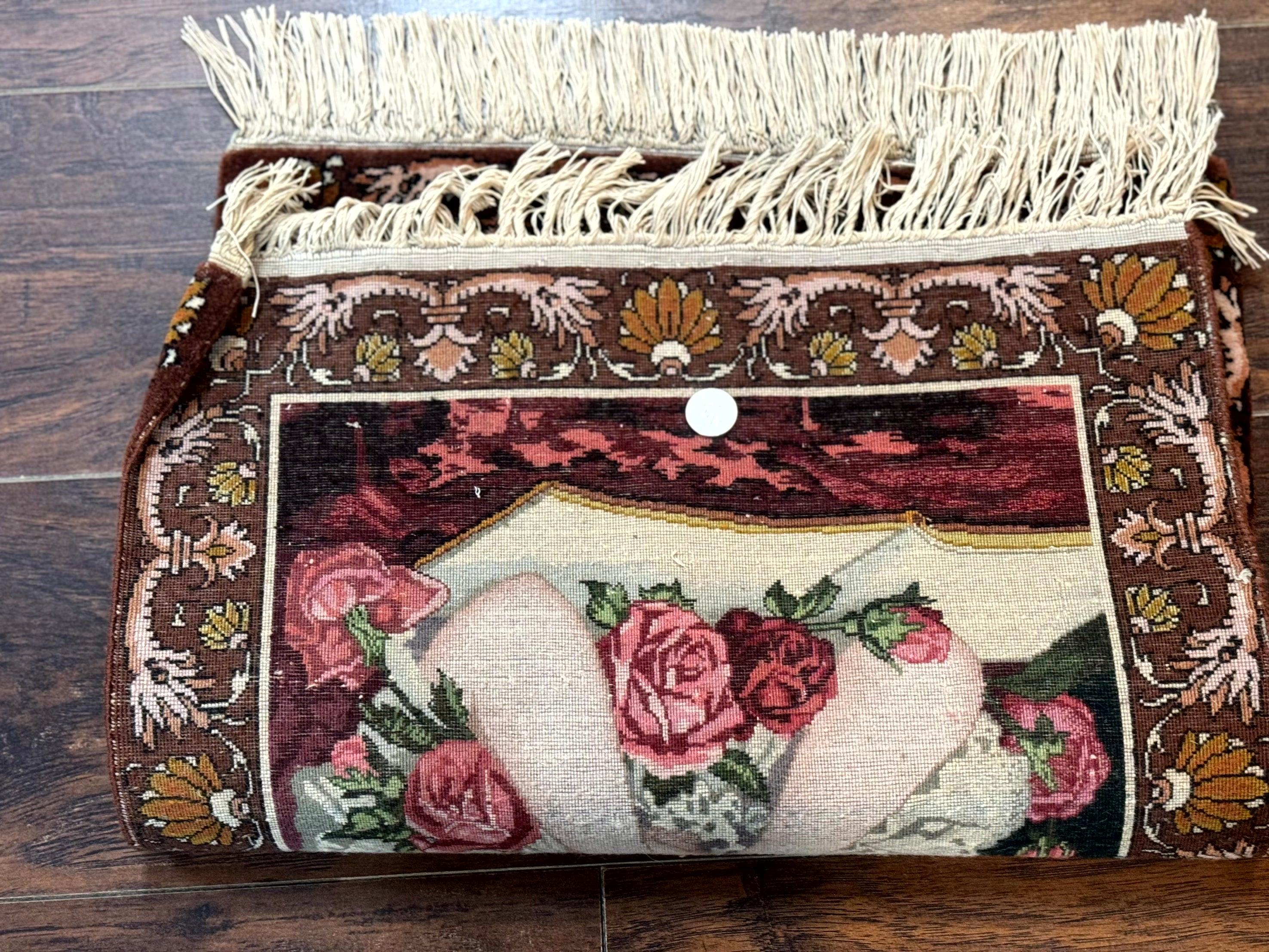 Small Persian Tabriz Pictorial Rug of Young Girl, Very Fine 380 KPSI, Portrait of Young Lady with Roses, Handmade, Persian Rug for Wall Hanging