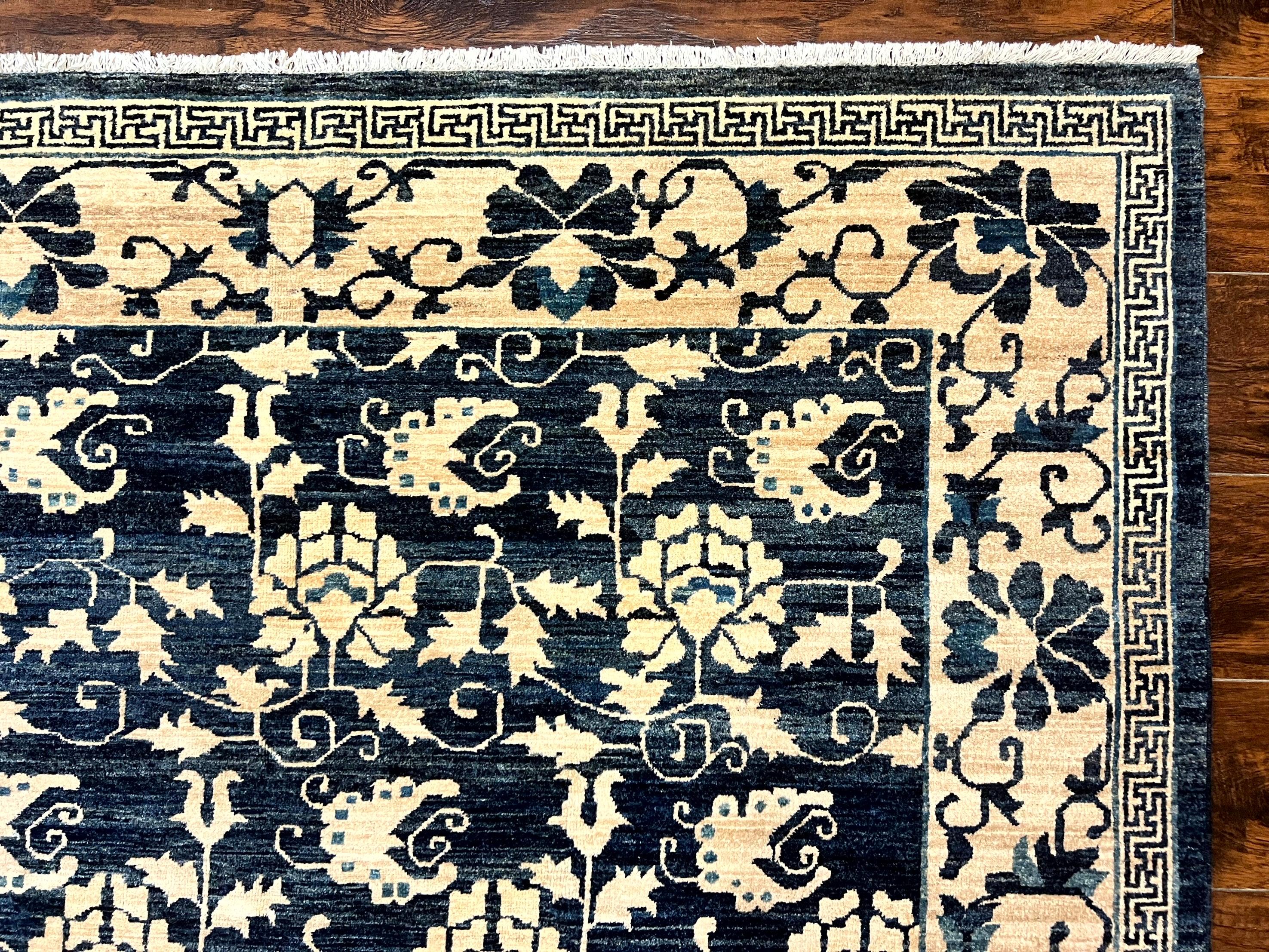 Sino Persian Rug 6x9, Hand Knotted Wool Carpet, Floral Allover, Blue Cream-Tan