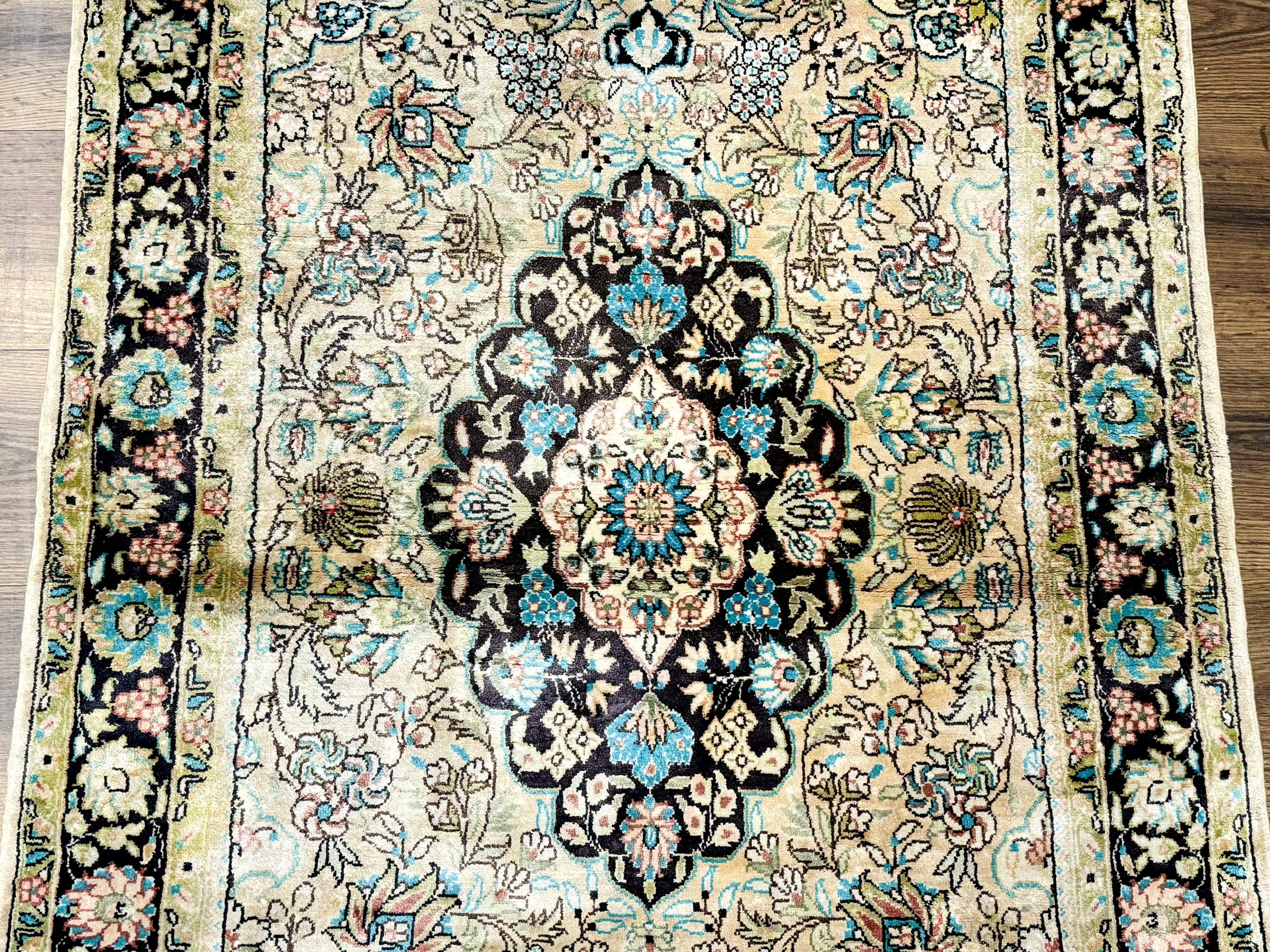 Indian Kashmiri Silk Rug 3x5, Floral Medallion, Fine 200 KPSI