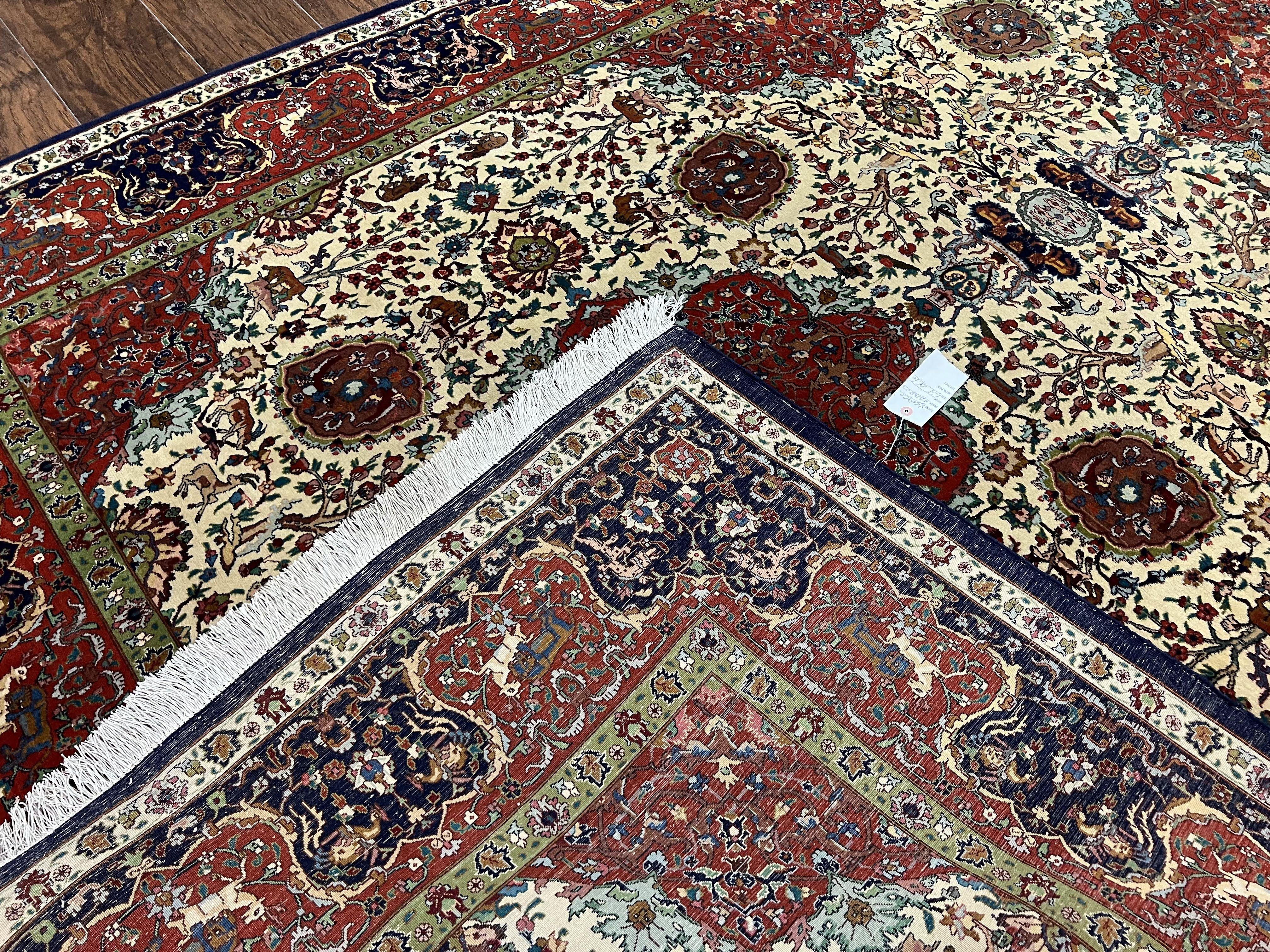 Wonderful Sino Persian Rug 6x10 with Animal Pictorial Motifs, Cream Dark Red Navy Blue, Birds Gazelles, Two Medallions, Top Quality Handmade