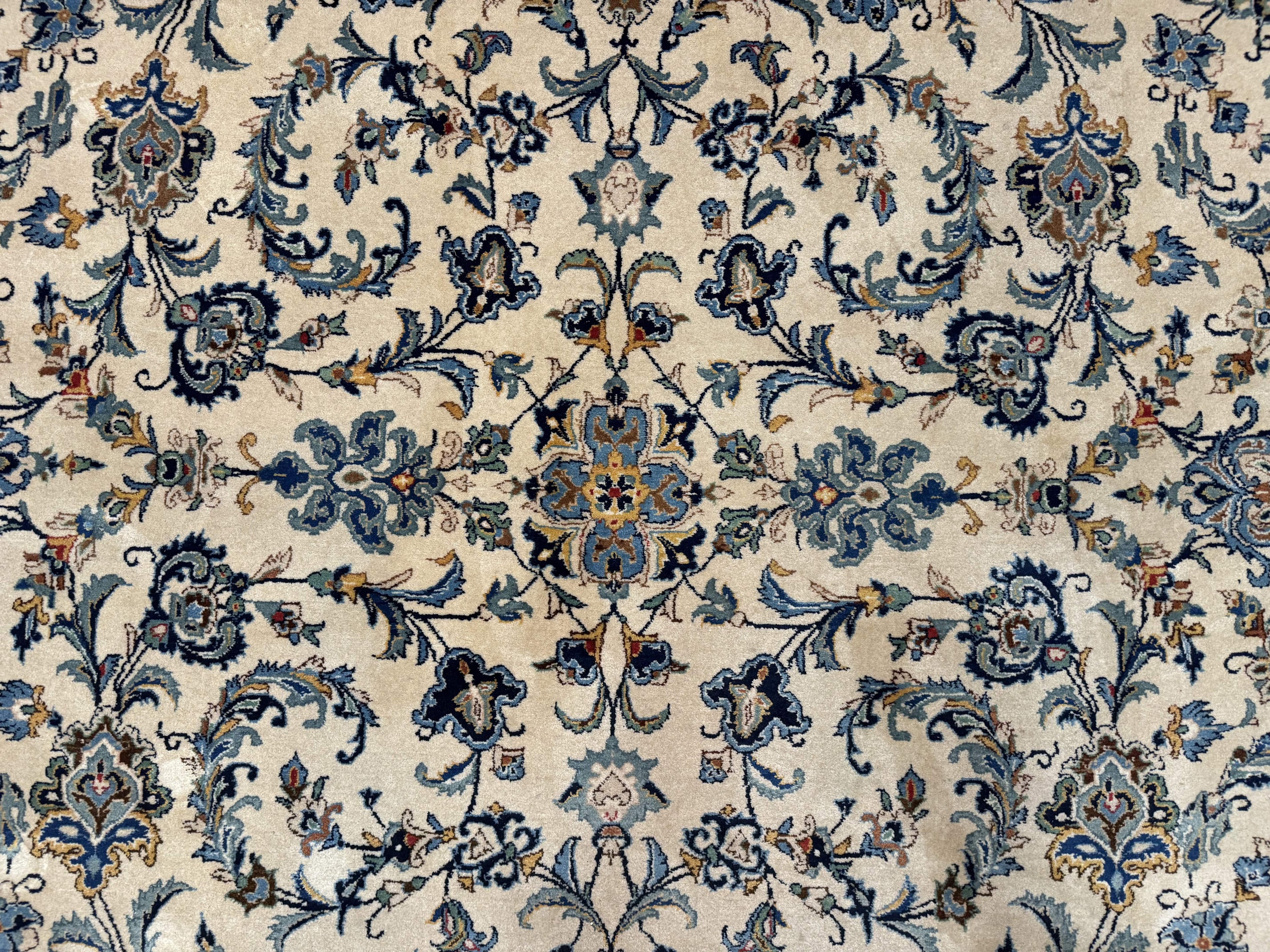 Persian Kashan Rug 10x14, Bone - Beige and Blue, Allover Pattern, Traditional Persian Carpet, Fine 260 KPSI