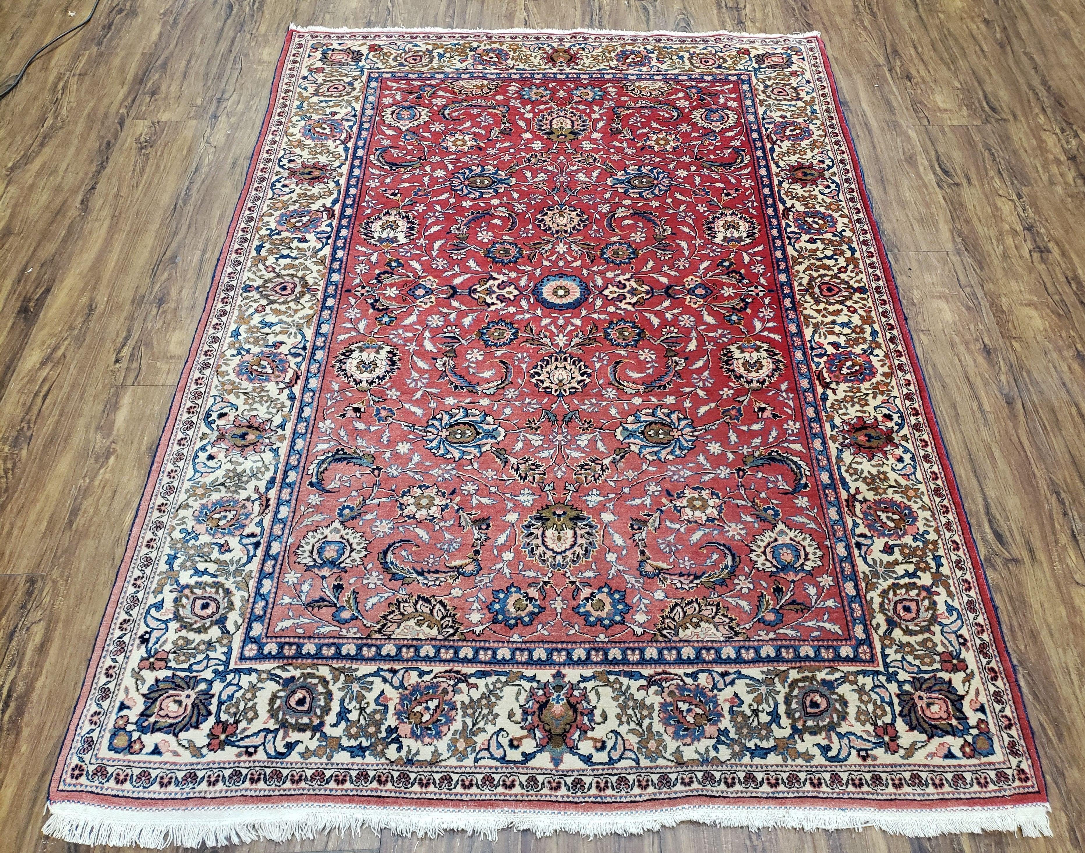 Semi Antique Persian Kashan, Red & Cream, Hand-Knotted, Wool, 4' 8" x 6' 6", Pair A