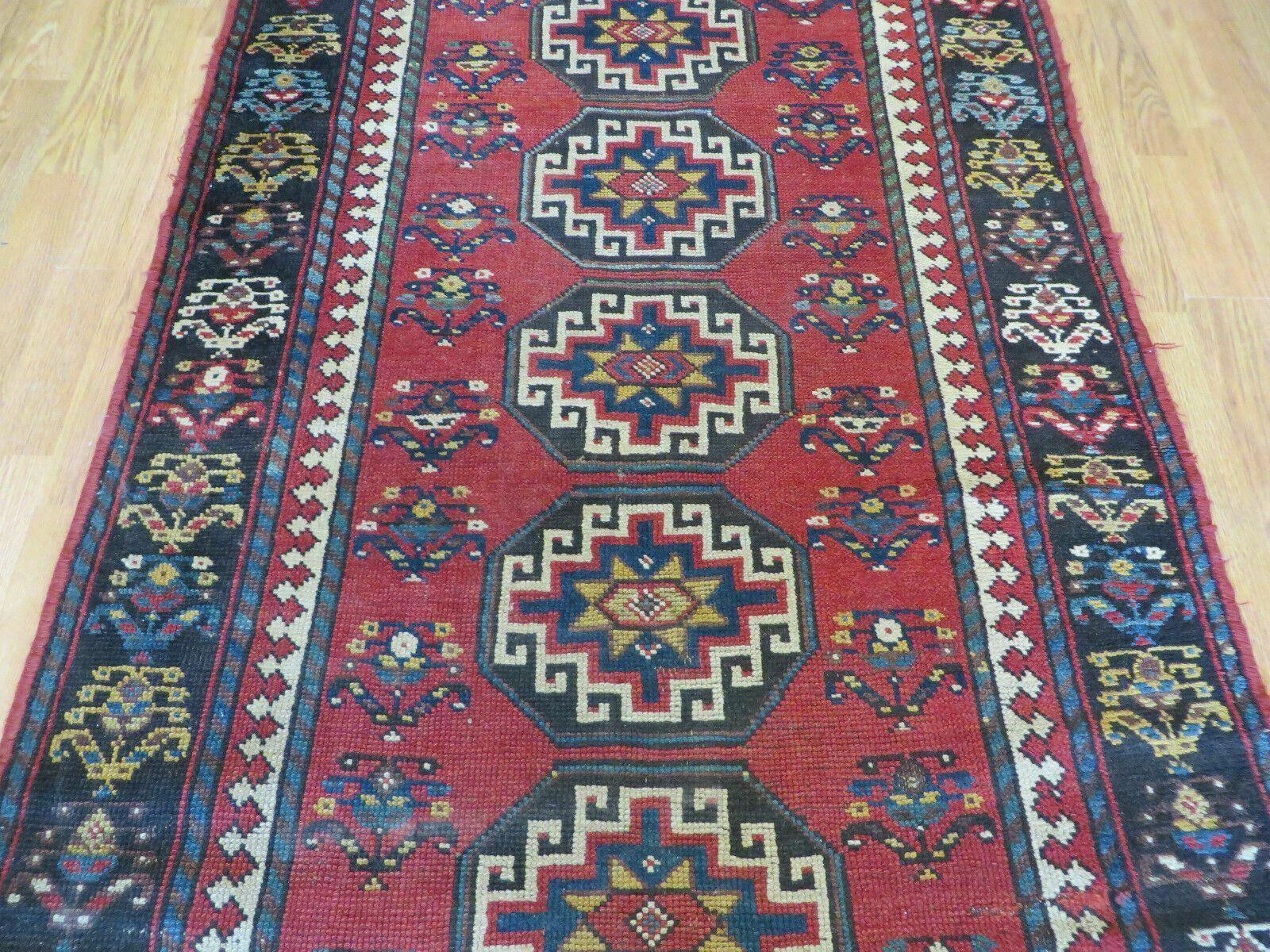 3' 3" X 10' Hand-Knotted Antique Handmade Caucasian Kazak Wool Runner Rug