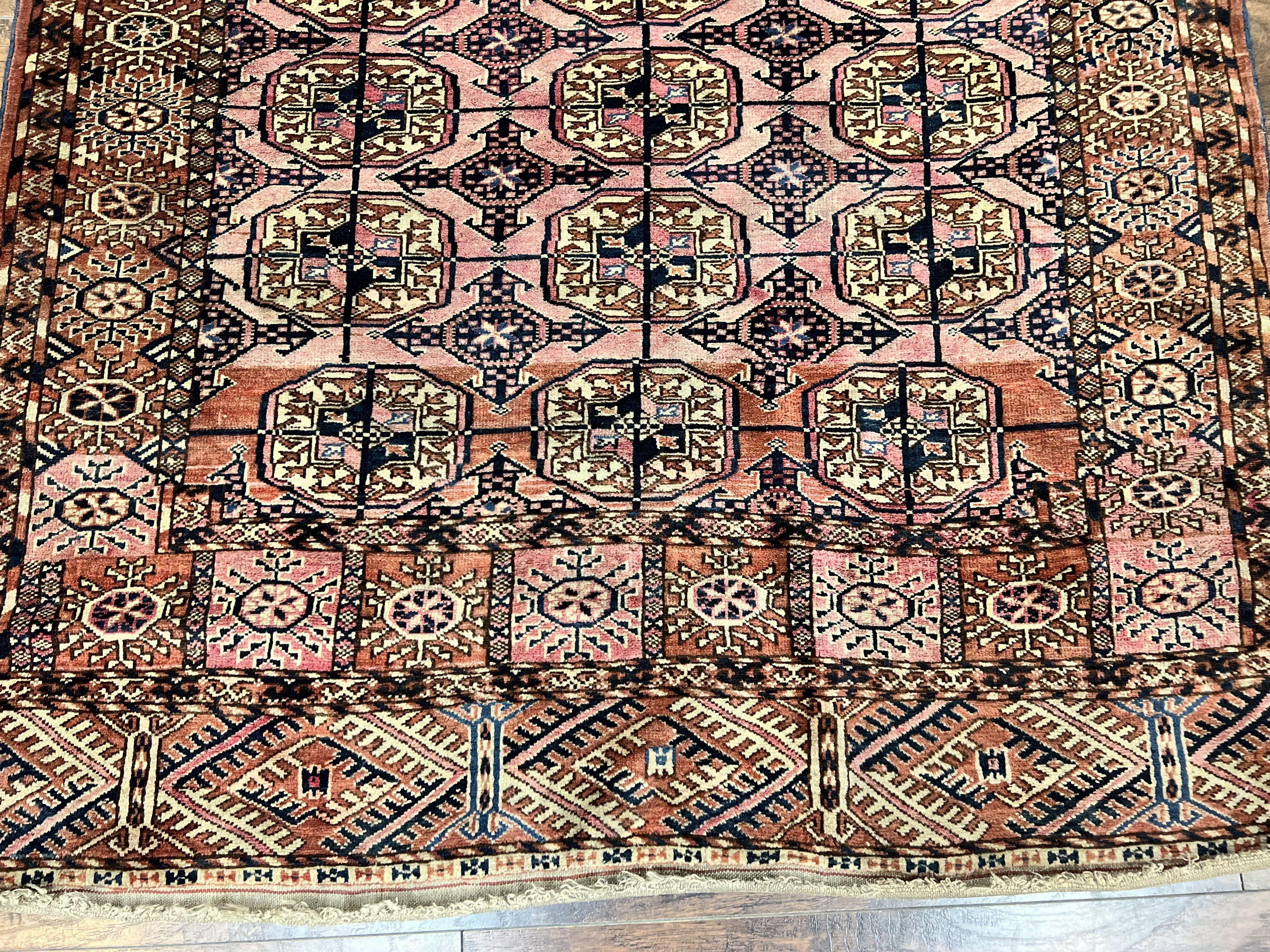 Persian Turkoman Rug 4x6, Wool Hand Knotted Antique Bokhara Carpet, Red Pink, Handmade Tribal Oriental Rug 4 x 6 ft