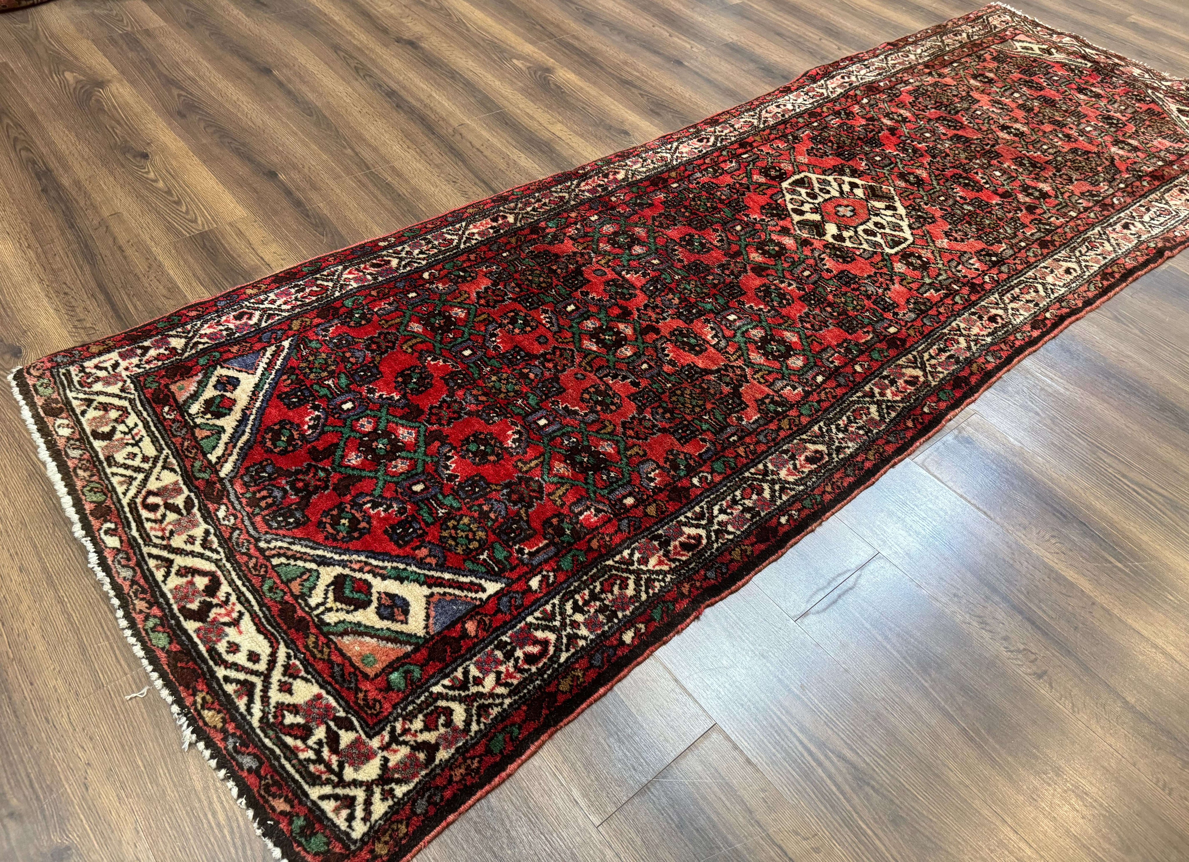 Persian Runner Rug 3x10, Wool Hand Knotted Hallway Rug 3 x 10 ft, Red and Ivory, Hamadan Angelas Runner