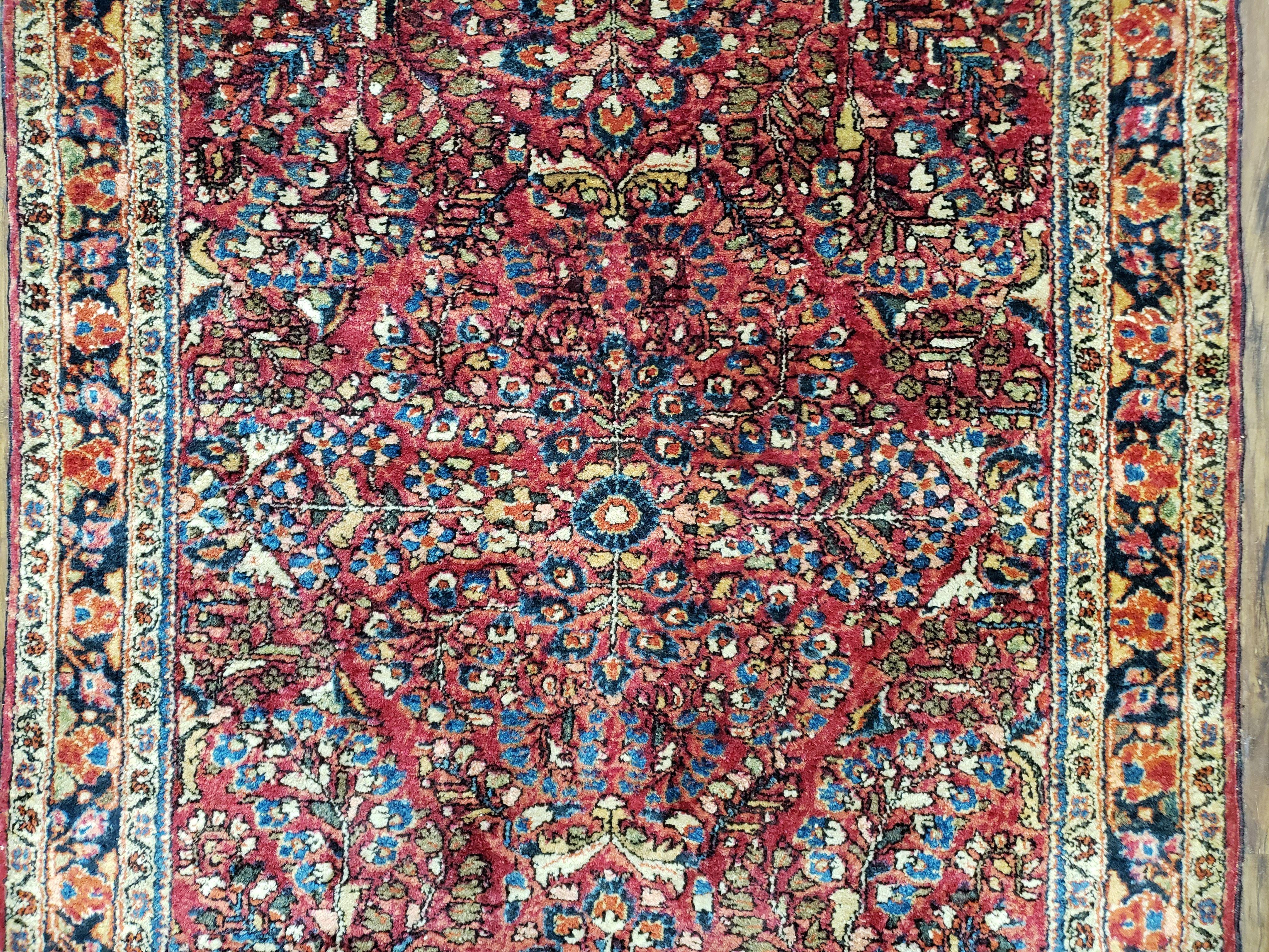 Antique Persian Sarouk Rug, Red, Allover Floral Pattern, Hand-Knotted, Wool, 3'4" x 4'10"