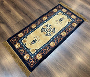 Silk Chinese Rug 2x4, Peking Carpet, Golden-Beige and Blue, Hand Knotted, Simple Design