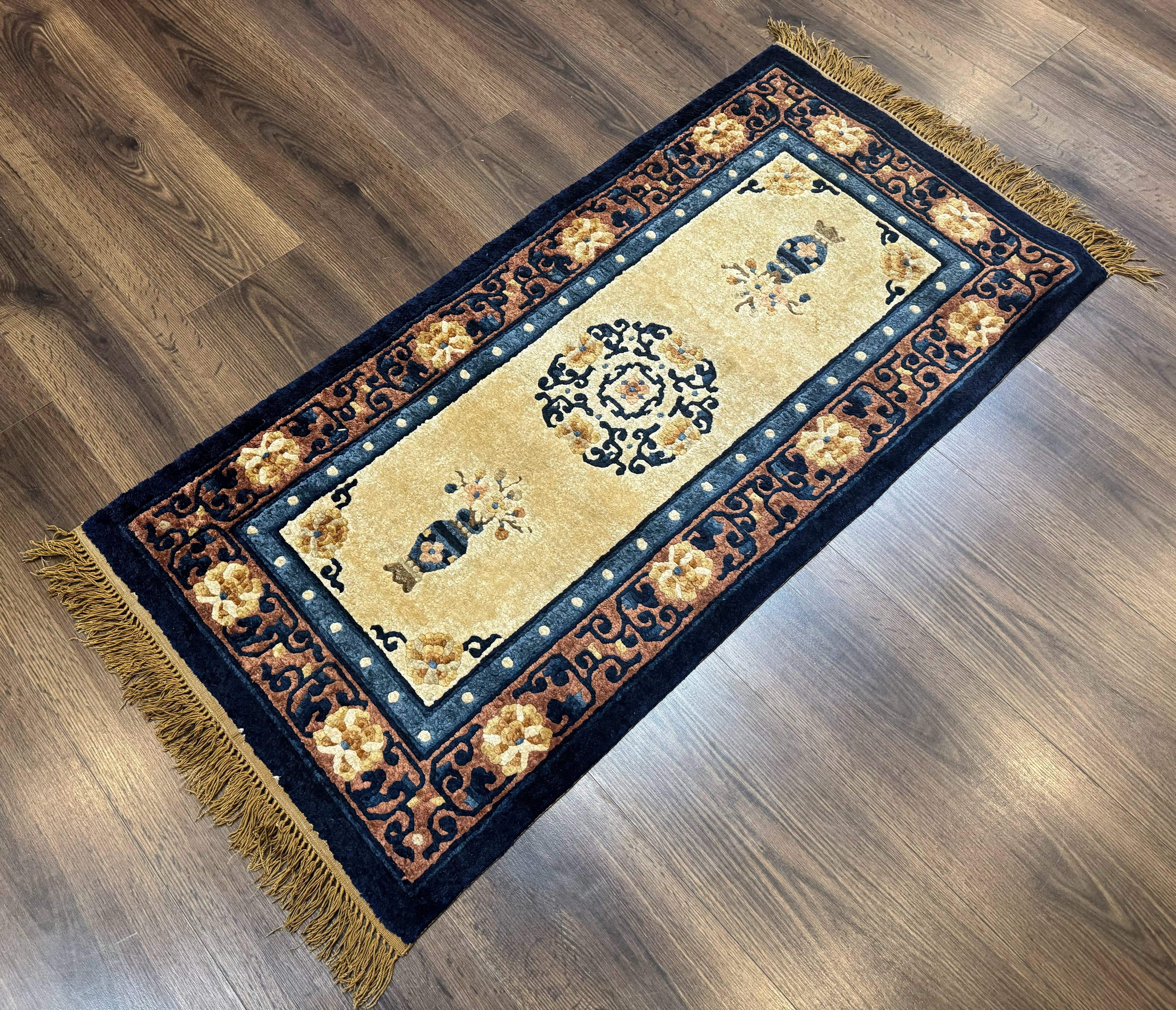 Silk Chinese Rug 2x4, Peking Carpet, Golden-Beige and Blue, Hand Knotted, Simple Design