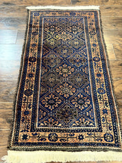 Small Antique Persian Rug 2.7 x 4.7, Handmade Wool Rug, Navy Blue, Balouch Rug, Tribal Rug