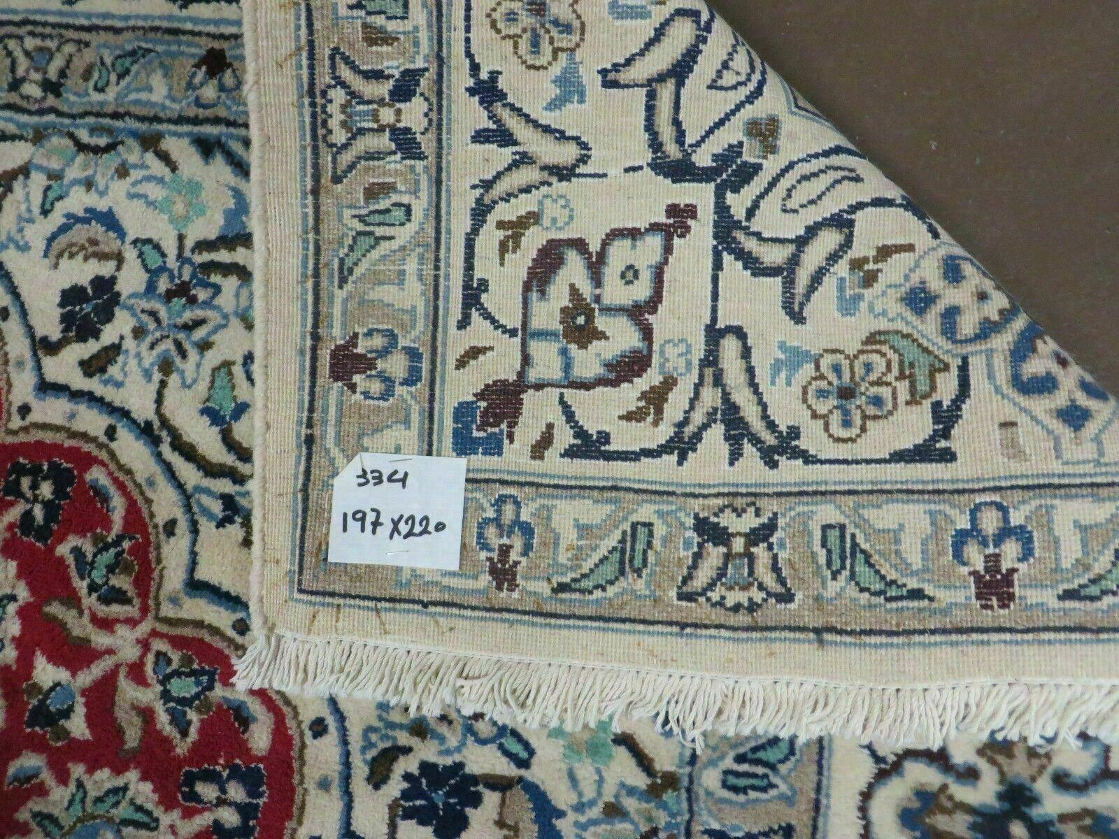 Square Persian Nain Rug 6'3" x 6' 8", Hand-Knotted, Wool with Silk Accents, Ivory Red Blue