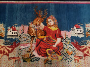 Antique Persian Pictorial Rug 4'6" x 9', Wool Hand-Knotted Blue Roses Karabagh Caucasian Carpet, 1920s Girl Deer Tapestry Wall Hanging Rug