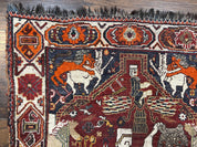 Antique Persian Shiraz Pictorial Rug 3.6 x 5, Persian Tribal Rug, Handmade, Lions, Highly Unique Collectible Small Persian Carpet, Maroon, Wool