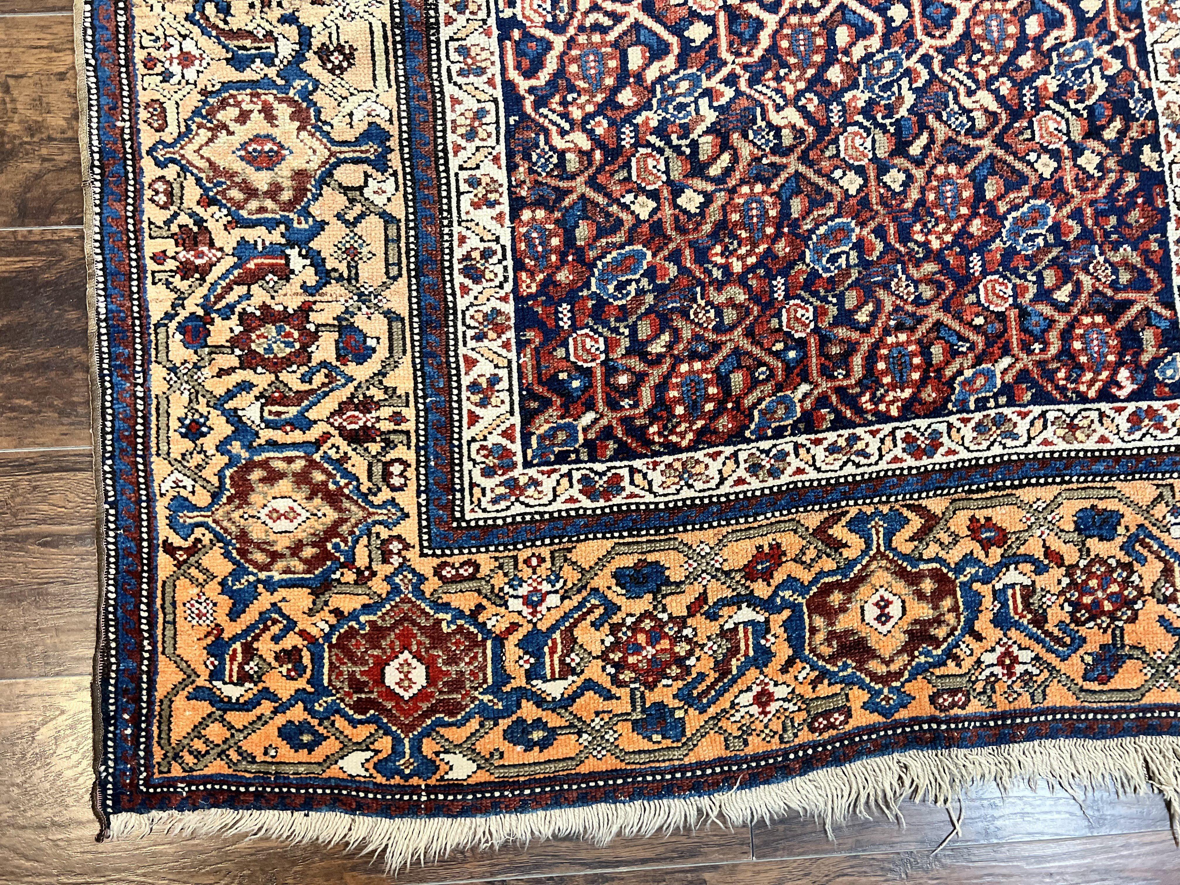 Persian Senneh Rug 4x8, Wool Hand Knotted Antique Kurdish Carpet, Navy Blue Oriental Area Rug, 4 x 8 Rug