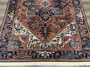 Heriz Rug 5.6 x 8, Geometric Medallion, Wool Oriental Carpet, Tribal Boho Rug, Red Navy Blue Cream, Belgium Power Loomed Rug, Medium Sized