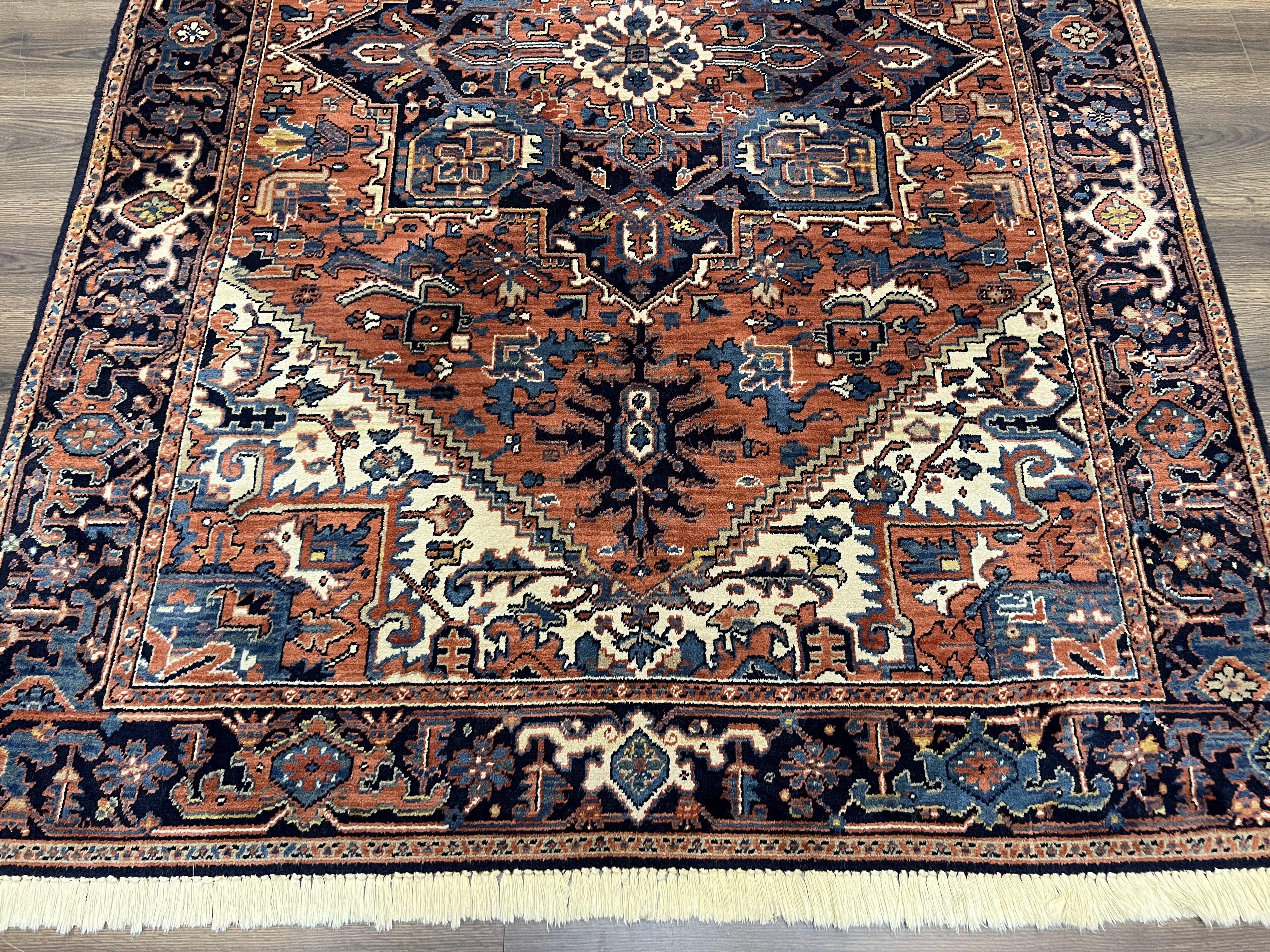 Heriz Rug 5.6 x 8, Geometric Medallion, Wool Oriental Carpet, Tribal Boho Rug, Red Navy Blue Cream, Belgium Power Loomed Rug, Medium Sized