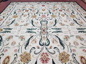 New Needlepoint Rug 9x12, Hand Woven Wool Area Rug, Flatweave Carpet, Handmade Chinese Needlepoint, Floral European Design, Ivory Background